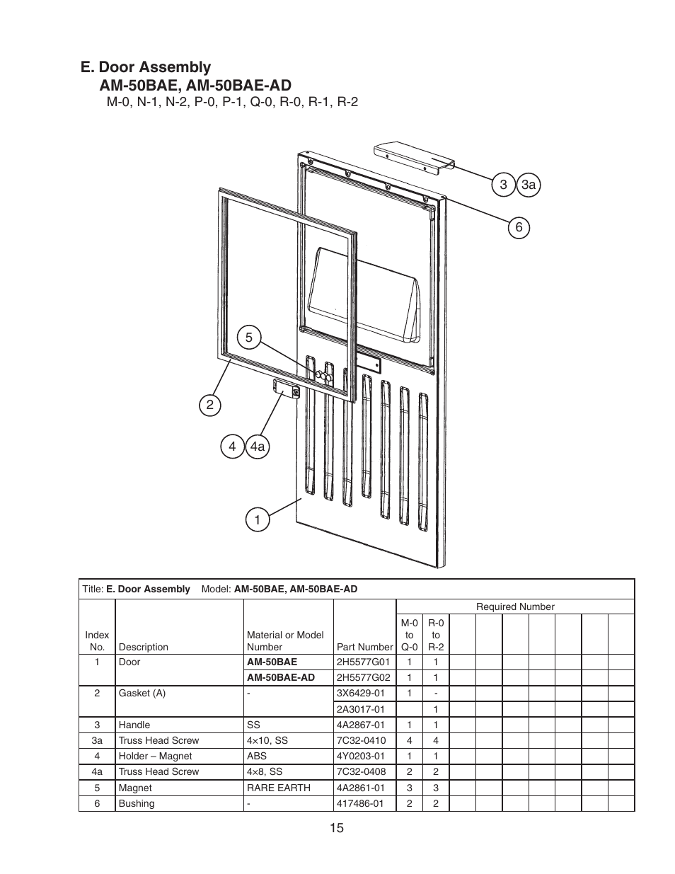 E. door assembly, Am-50bae, am-50bae-ad, E. door assembly am-50bae, am-50bae-ad | Hoshizaki AM-50BAE-DS User Manual | Page 15 / 21