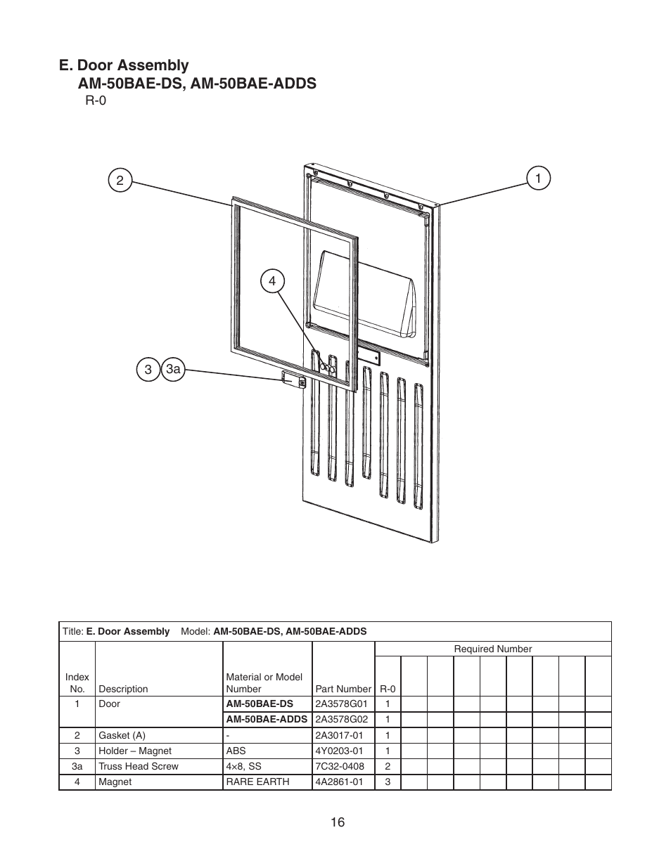 Am-50bae-ds, am-50bae-adds, E. door assembly am-50bae-ds, am-50bae-adds | Hoshizaki AM-50BAE-DS User Manual | Page 16 / 21