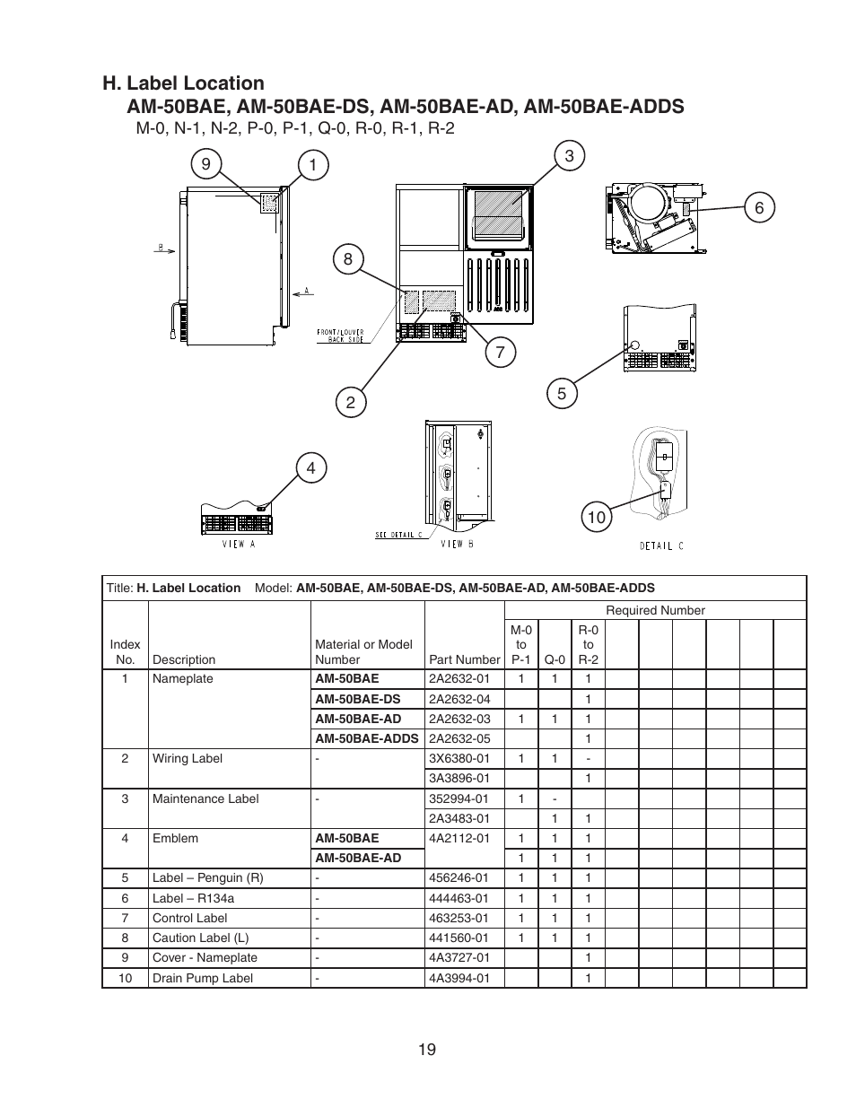 H. label location, Am-50bae, am-50bae-ds, am-50bae-ad, am-50bae-adds | Hoshizaki AM-50BAE-DS User Manual | Page 19 / 21