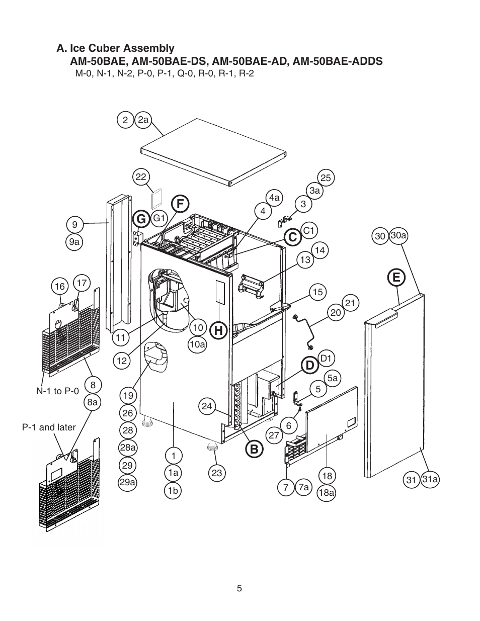 A. ice cuber assembly, Am-50bae, am-50bae-ds, am-50bae-ad, am-50bae-adds, Ef g | Hoshizaki AM-50BAE-DS User Manual | Page 5 / 21