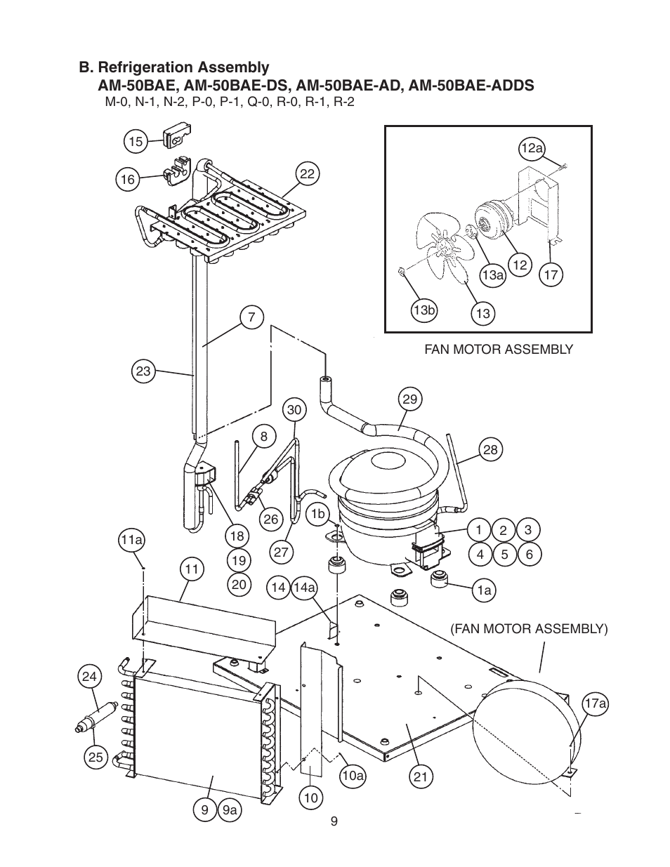 B. refrigeration assembly, Am-50bae, am-50bae-ds, am-50bae-ad, am-50bae-adds | Hoshizaki AM-50BAE-DS User Manual | Page 9 / 21