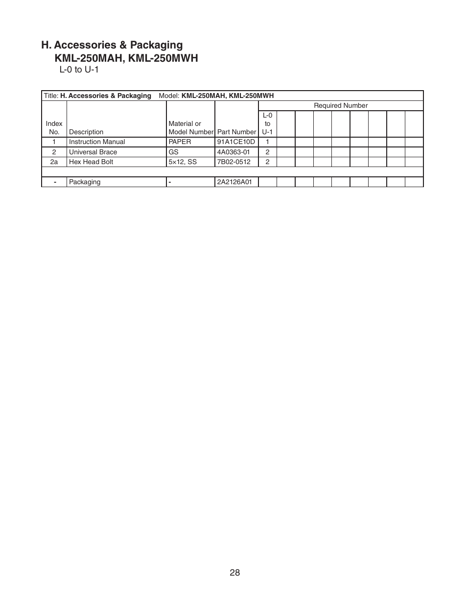 H. accessories & packaging | Hoshizaki KML-250MAH User Manual | Page 28 / 28