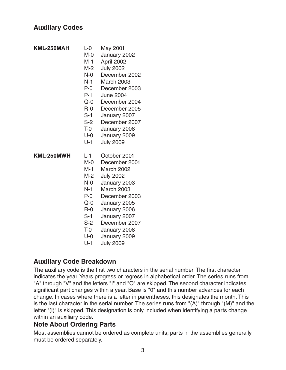 Auxiliary codes, Note about ordering parts, Auxiliary codes note about ordering parts | Hoshizaki KML-250MAH User Manual | Page 3 / 28