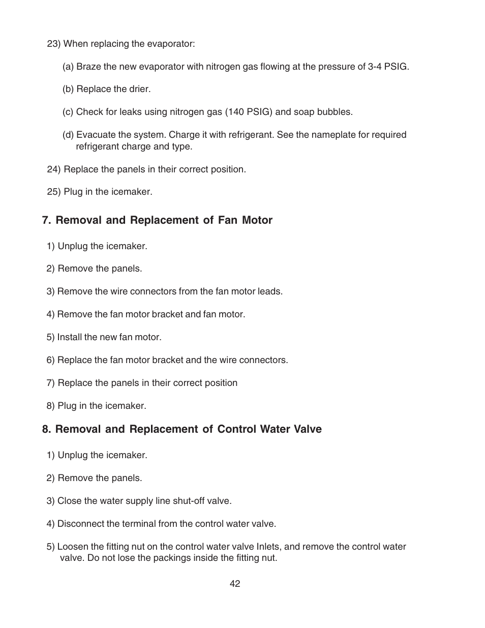 Removal and replacement of fan motor, Removal and replacement of control water valve | Hoshizaki F-450MAH User Manual | Page 42 / 51