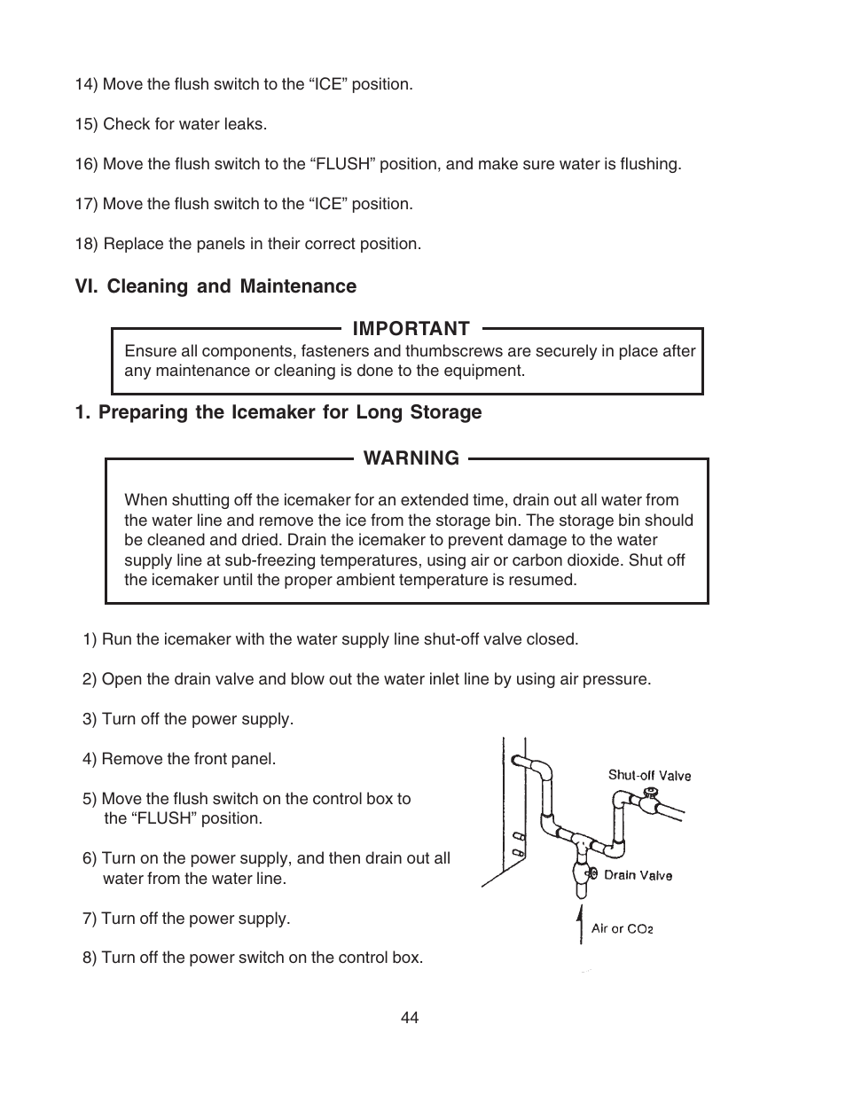 Vi. cleaning and maintenance, Preparing the icemaker for long storage | Hoshizaki F-450MAH User Manual | Page 44 / 51