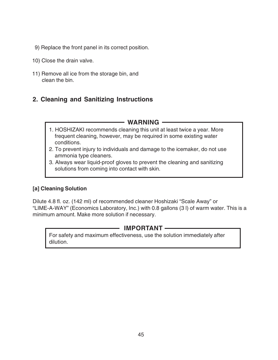 Cleaning and sanitizing instructions, A] cleaning solution | Hoshizaki F-450MAH User Manual | Page 45 / 51