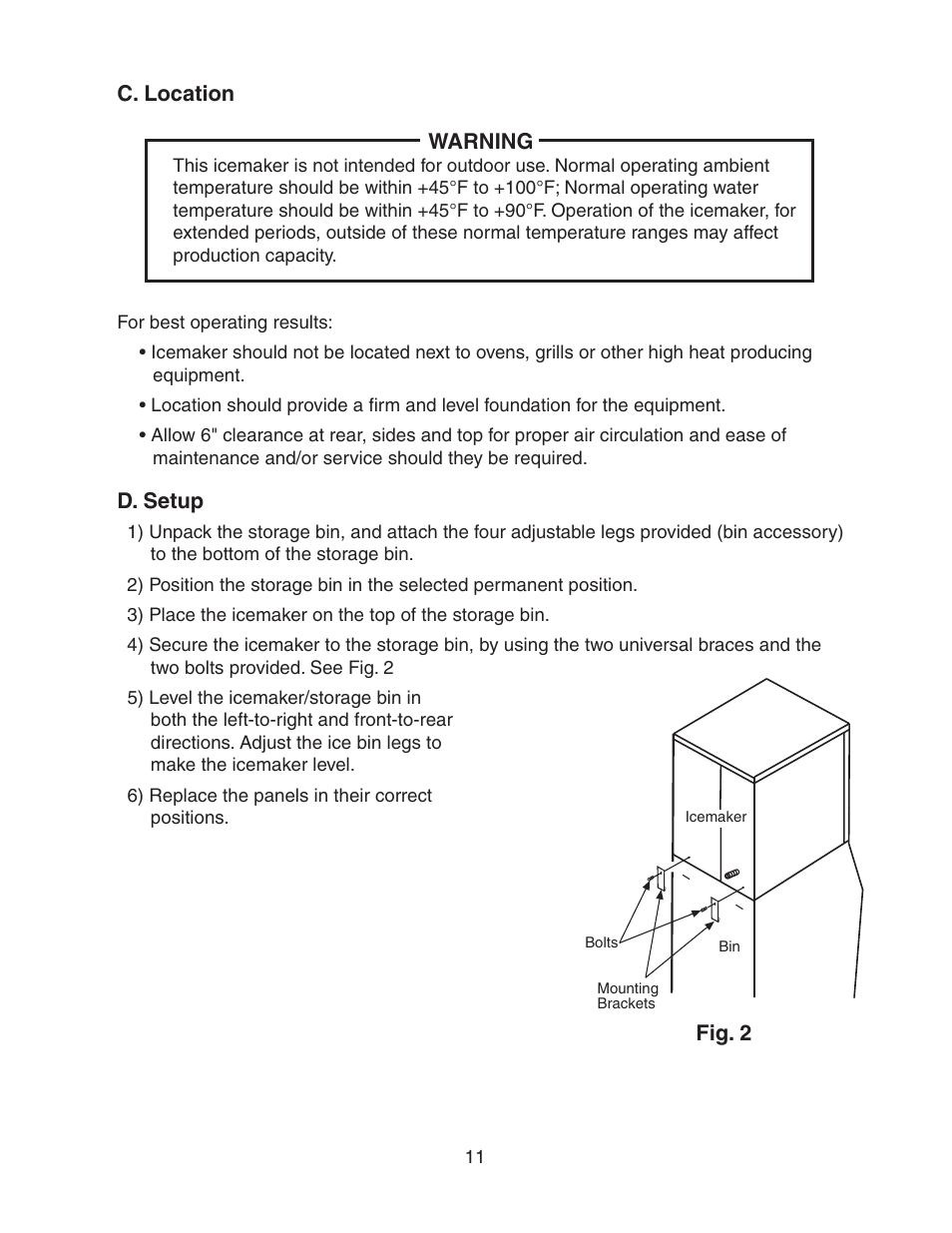 C. location, D. setup, C. location d. setup | Hoshizaki KM-501MRH User Manual | Page 11 / 27