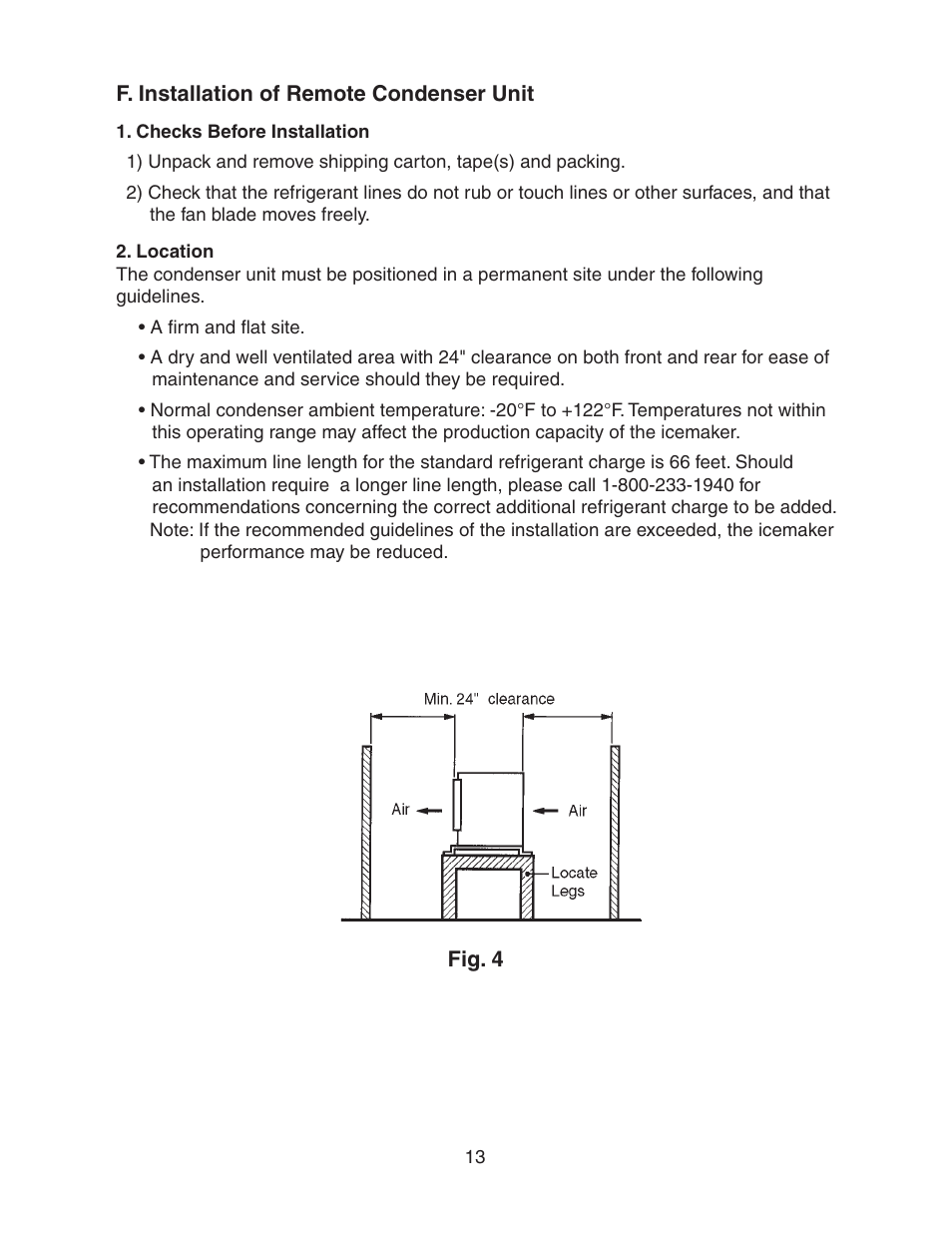 F. installation of remote condenser unit, Checks before installation, Location | Checks before installation 2. location | Hoshizaki KM-501MRH User Manual | Page 13 / 27