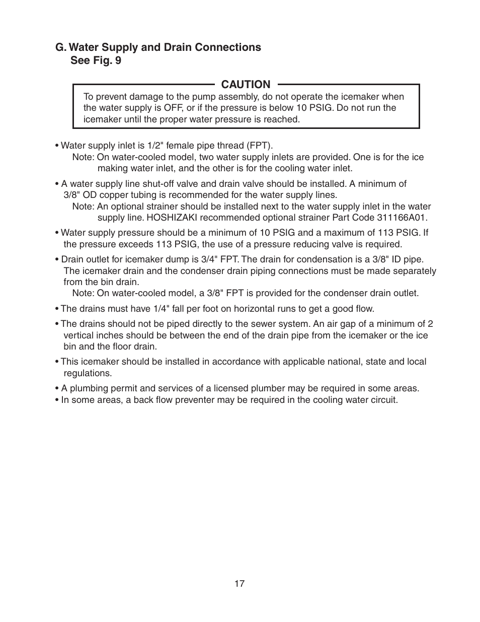 G. water supply and drain connections | Hoshizaki KM-501MRH User Manual | Page 17 / 27