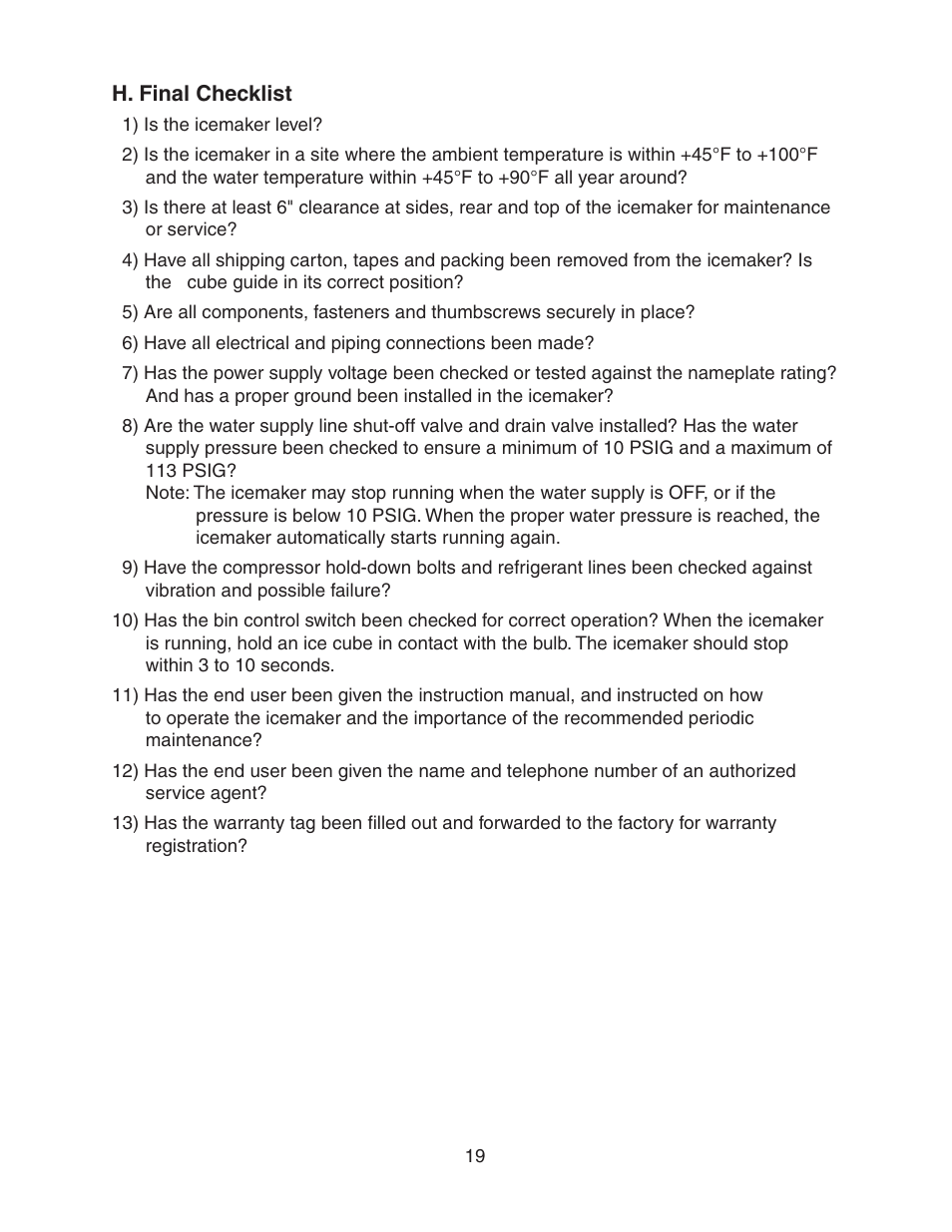 H. final checklist | Hoshizaki KM-501MRH User Manual | Page 19 / 27