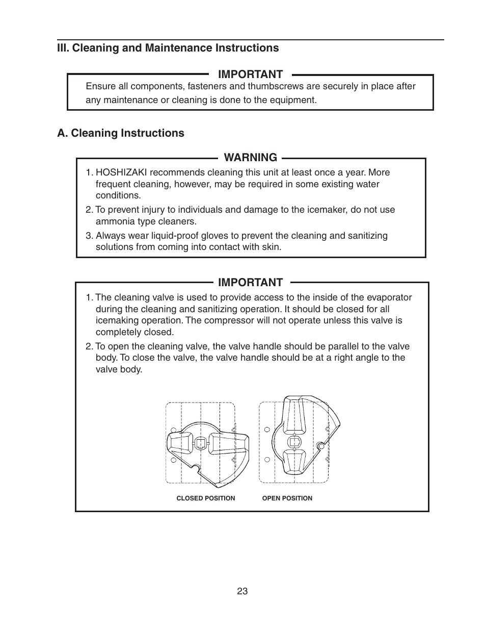 Iii. cleaning and maintenance instructions, A. cleaning instructions | Hoshizaki KM-501MRH User Manual | Page 23 / 27
