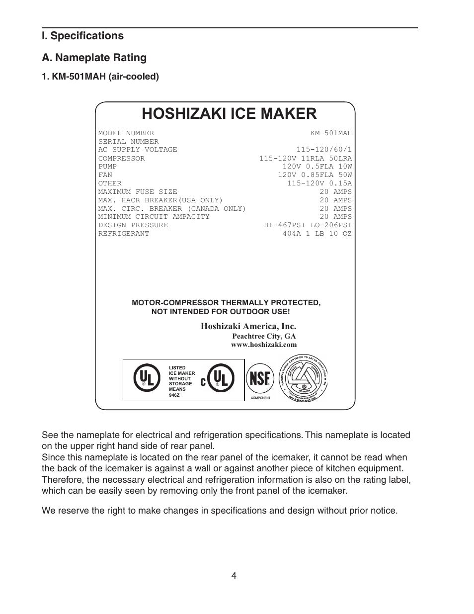 I. specifications, A. nameplate rating, Km-501mah (air-cooled) | I. speciﬁcations, Hoshizaki ice maker, I. speciﬁcations a. nameplate rating | Hoshizaki KM-501MRH User Manual | Page 4 / 27