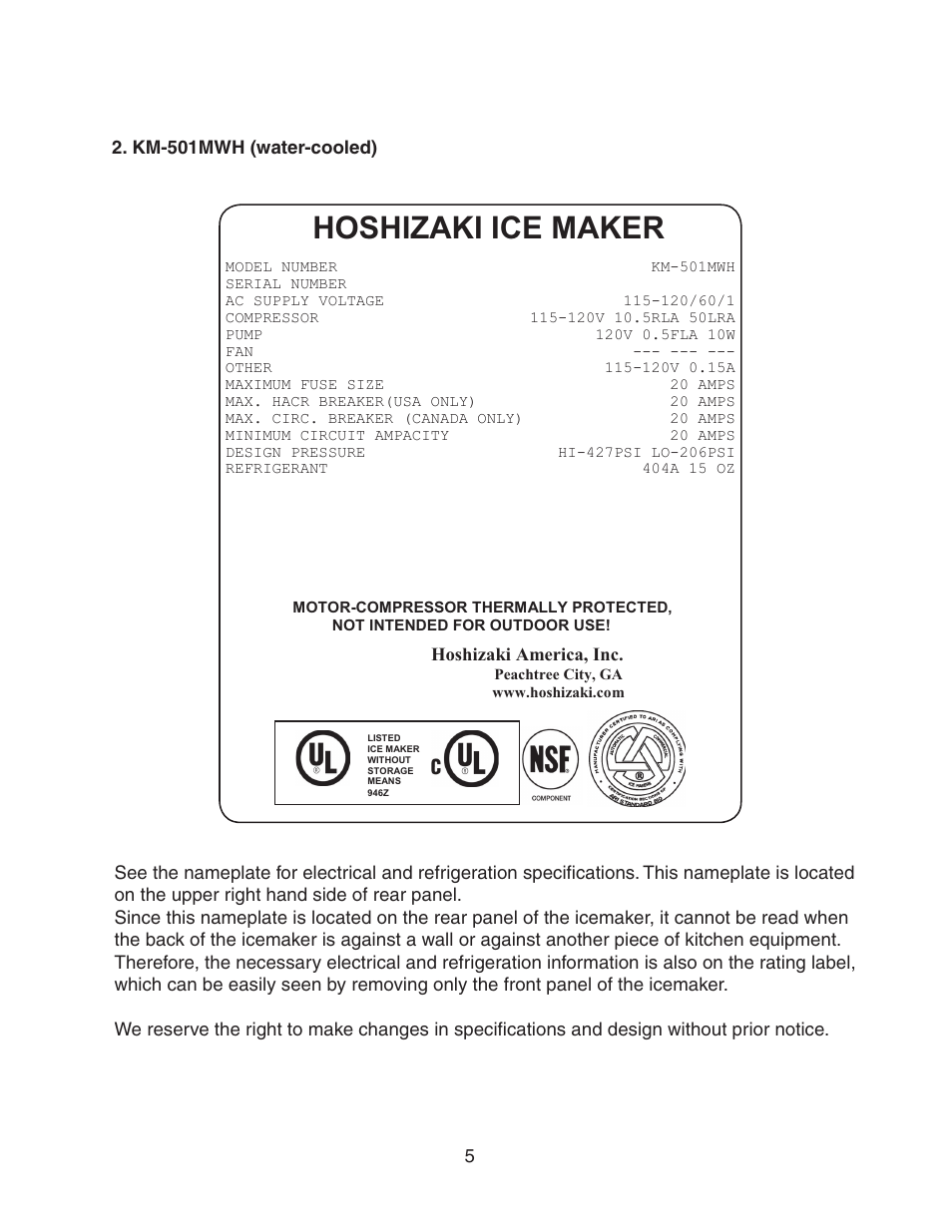 Km-501mwh (water-cooled), Hoshizaki ice maker | Hoshizaki KM-501MRH User Manual | Page 5 / 27