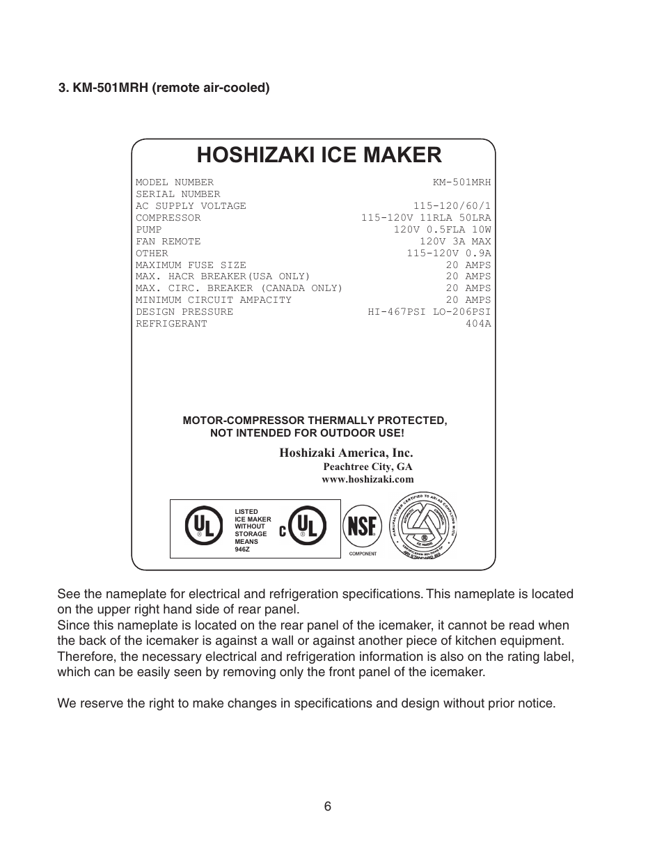 Km-501mrh (remote air-cooled), Hoshizaki ice maker | Hoshizaki KM-501MRH User Manual | Page 6 / 27