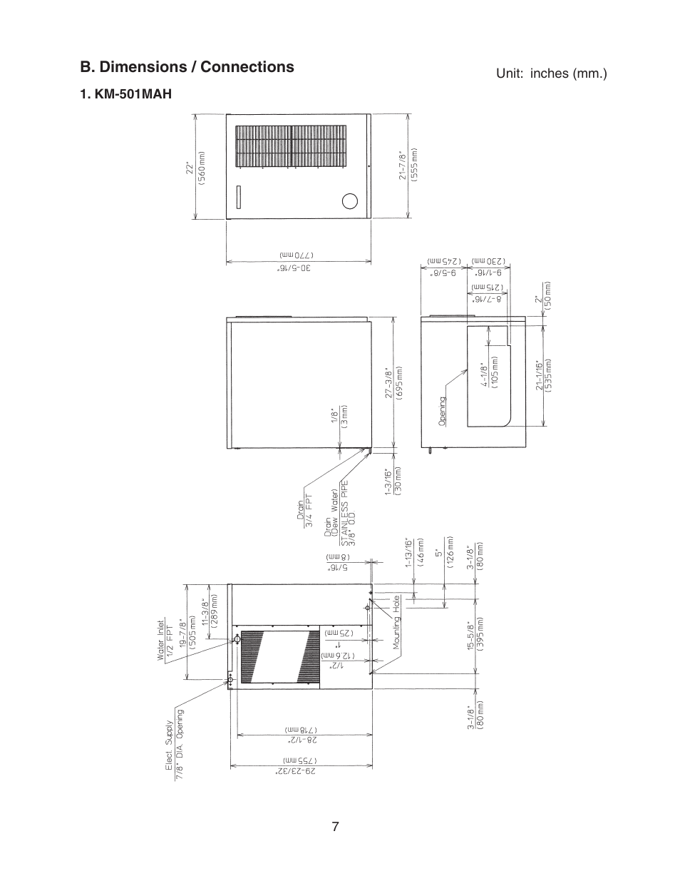 B. dimensions / connections, Km-501mah | Hoshizaki KM-501MRH User Manual | Page 7 / 27