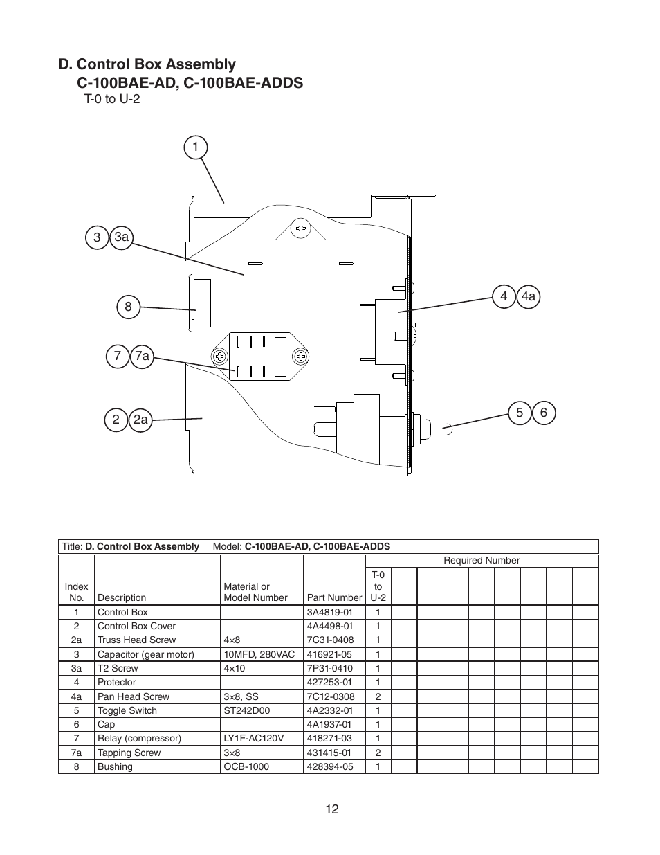 D. control box assembly | Hoshizaki C-100BAE-AD User Manual | Page 12 / 18