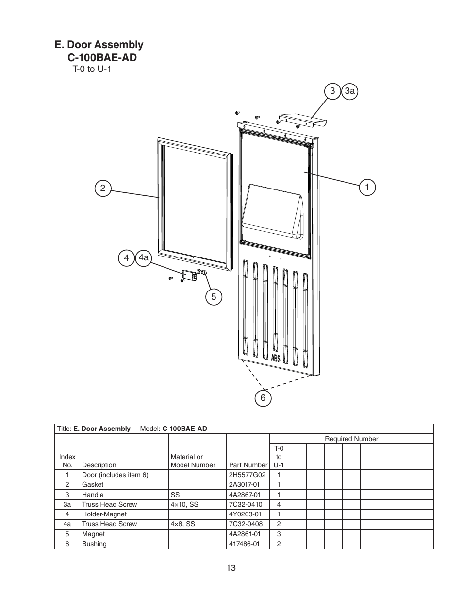 E. door assembly, C-100bae-ad, E. door assembly c-100bae-ad | Hoshizaki C-100BAE-AD User Manual | Page 13 / 18