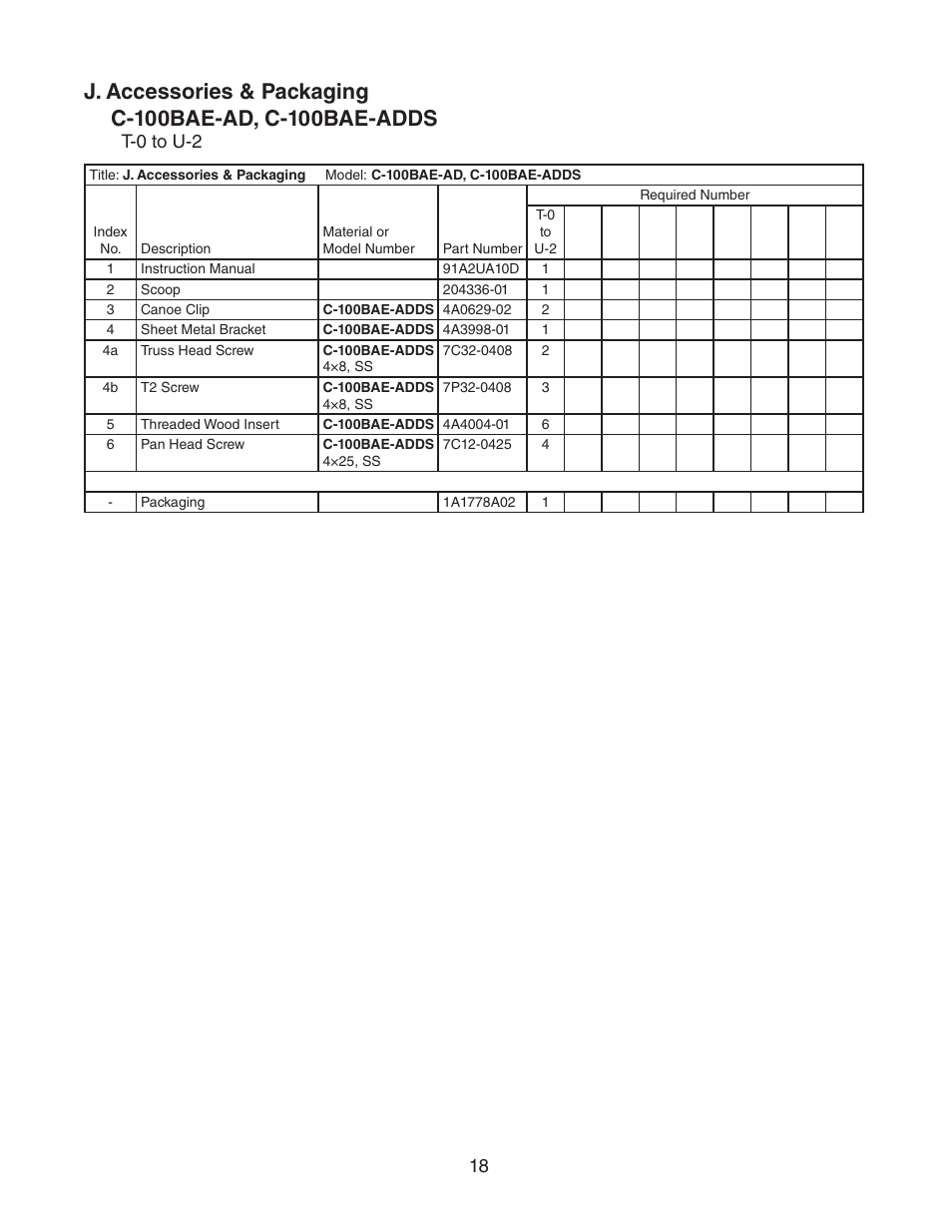 J. accessories & packaging, T-0 to u-2 | Hoshizaki C-100BAE-AD User Manual | Page 18 / 18