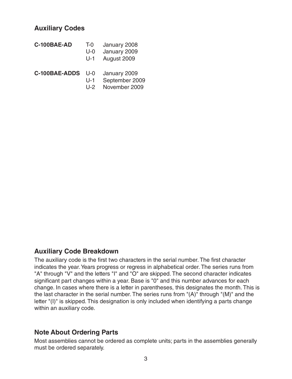 Auxiliary codes, Note about ordering parts, Auxiliary codes note about ordering parts | Hoshizaki C-100BAE-AD User Manual | Page 3 / 18