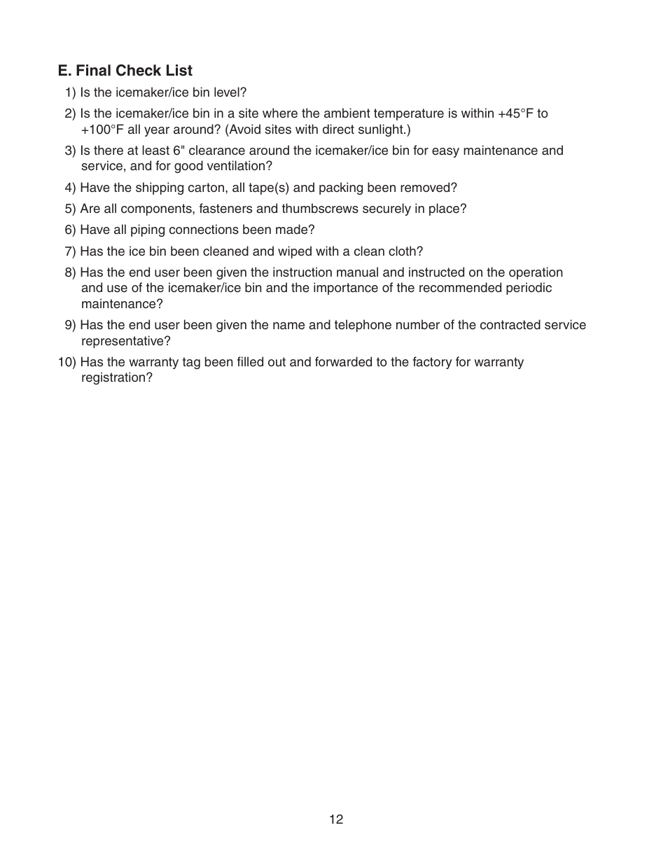 E. final check list | Hoshizaki B-1300SS User Manual | Page 12 / 17