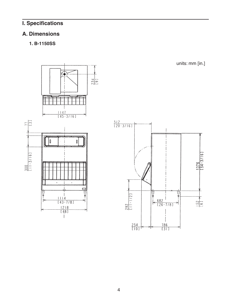 I. specifications, A. dimensions, B-1150ss | Hoshizaki B-1300SS User Manual | Page 4 / 17