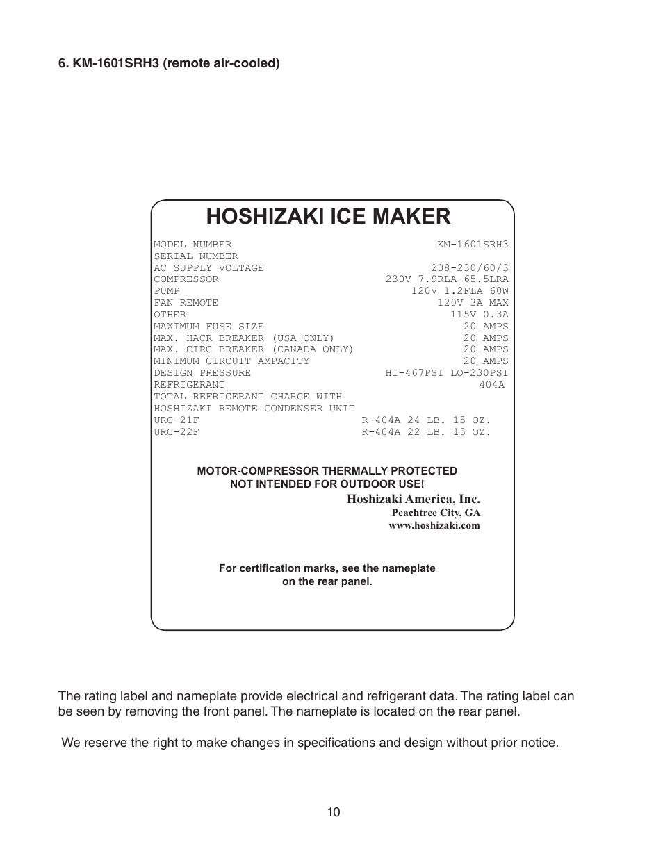 Km-1601srh3 (remote air-cooled), Hoshizaki ice maker | Hoshizaki KM-1601SWH/3 User Manual | Page 10 / 39