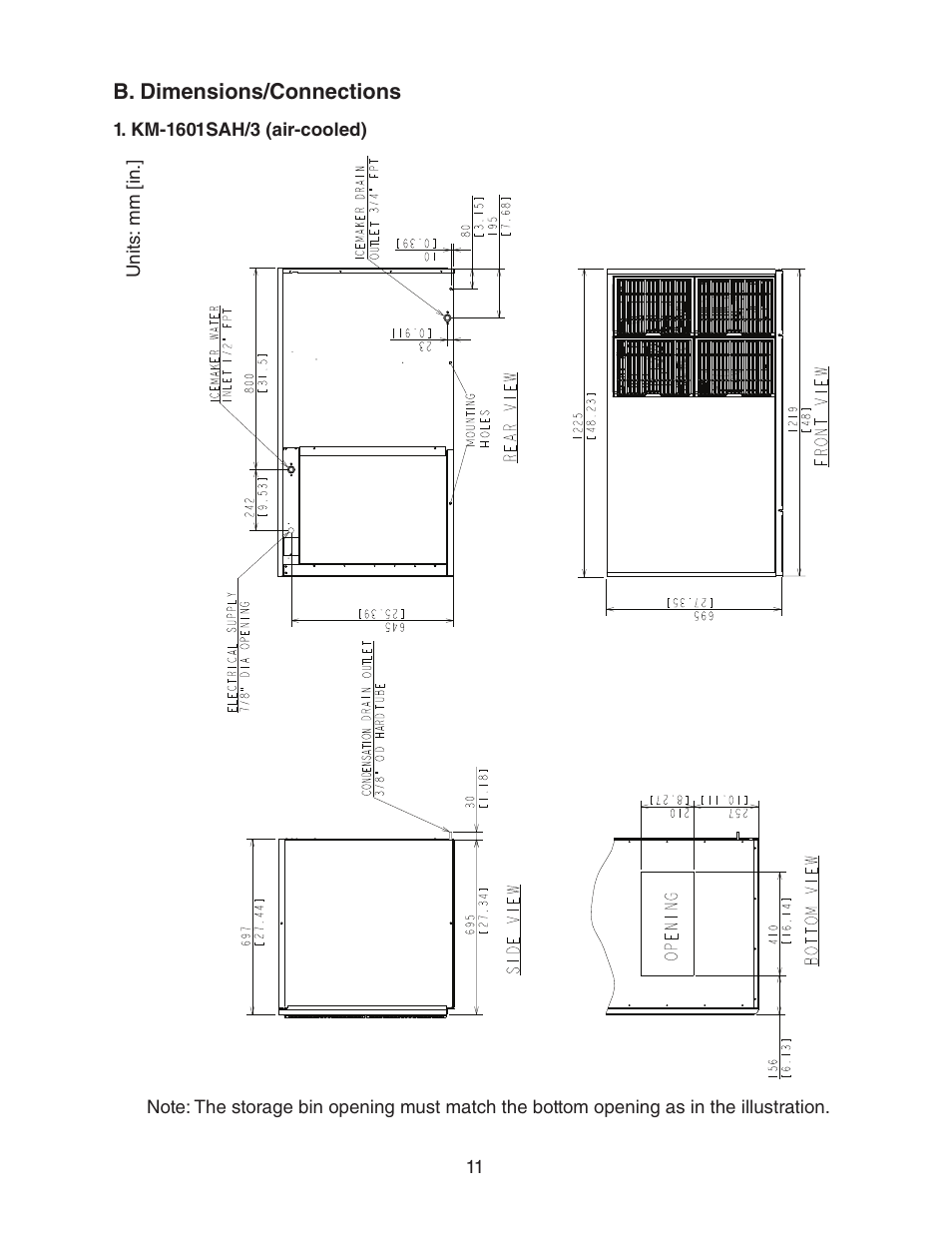 B. dimensions/connections, Km-1601sah/3 (air-cooled) | Hoshizaki KM-1601SWH/3 User Manual | Page 11 / 39