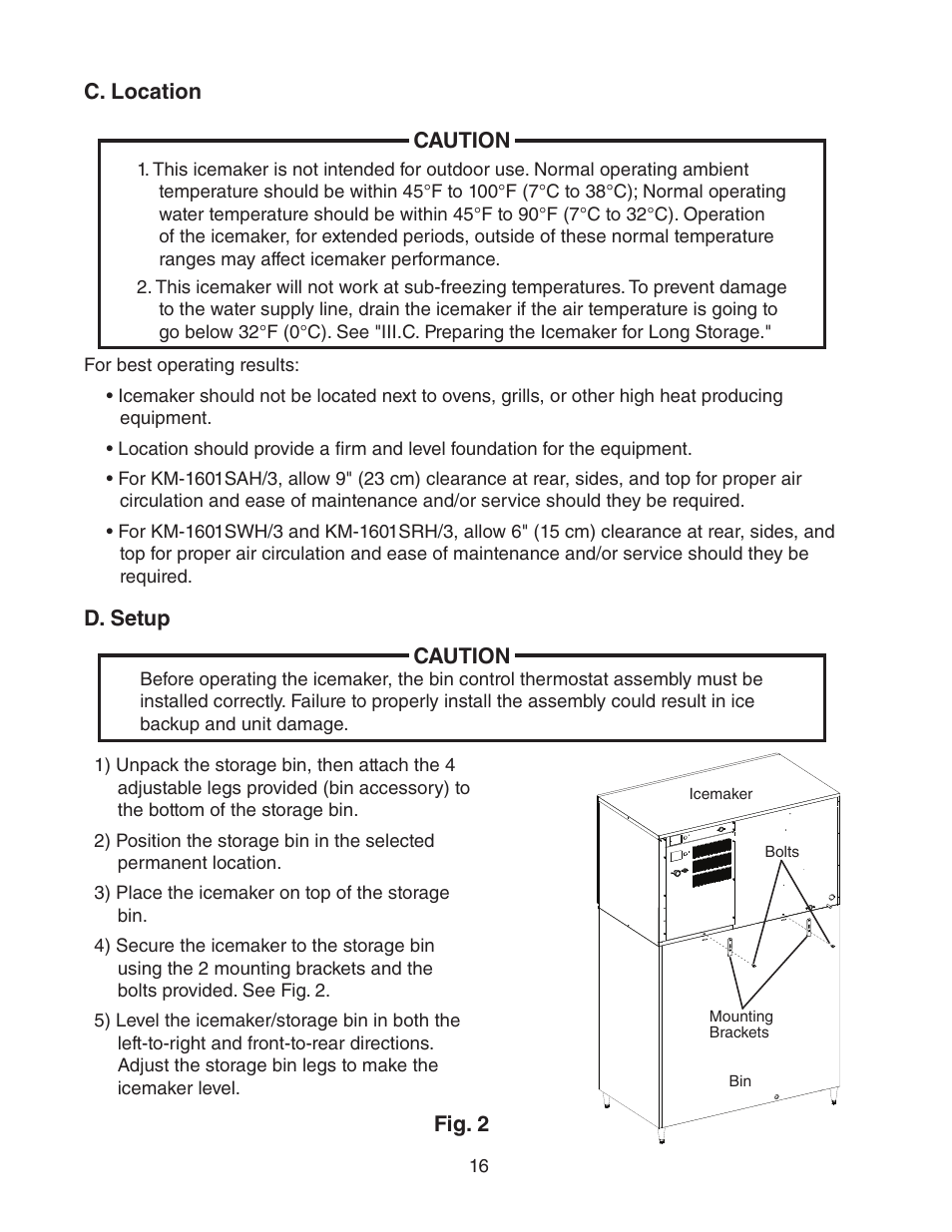 C. location, D. setup, C. location d. setup | Hoshizaki KM-1601SWH/3 User Manual | Page 16 / 39