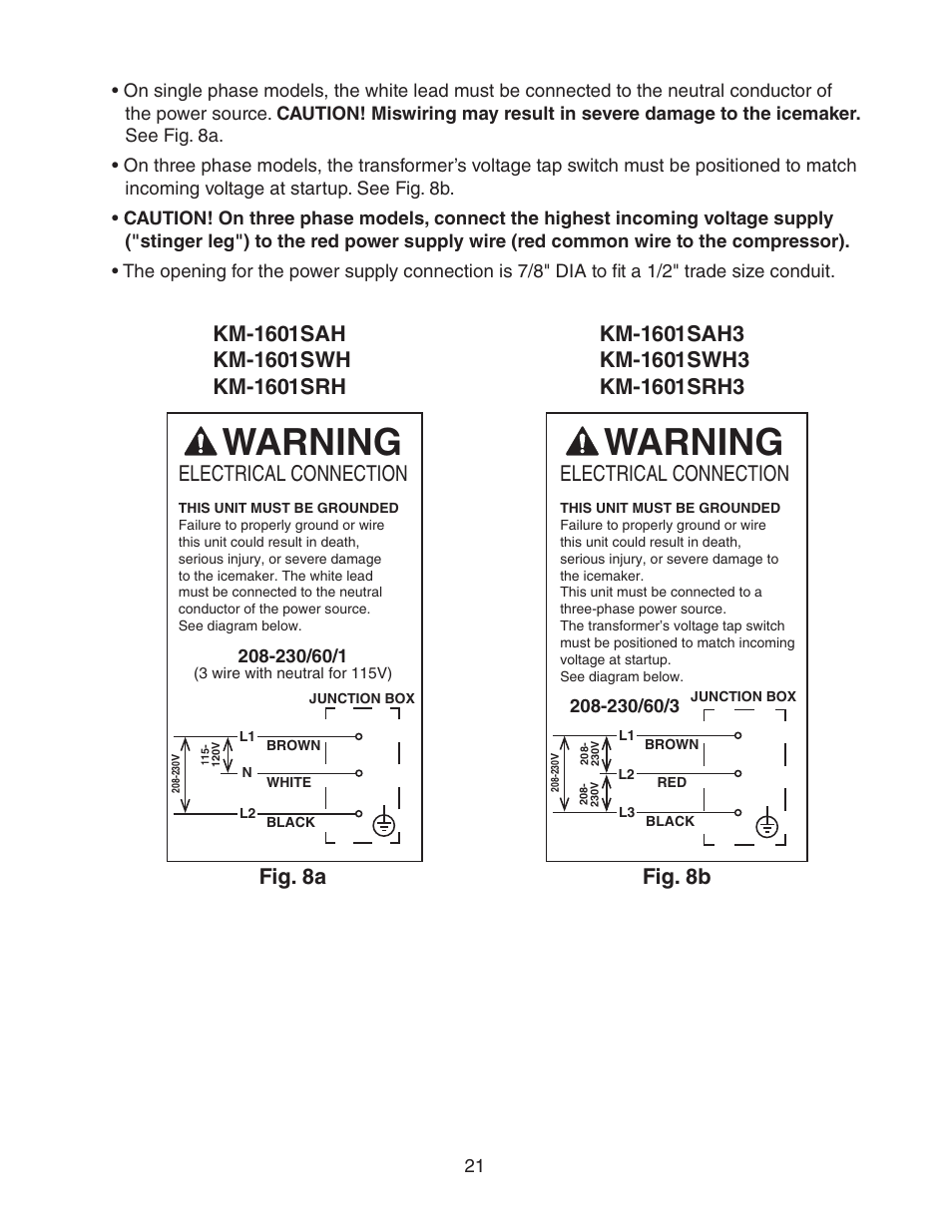 Warning, Electrical connection | Hoshizaki KM-1601SWH/3 User Manual | Page 21 / 39