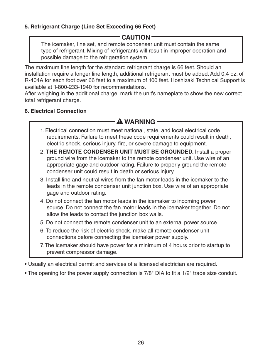 Refrigerant charge (line set exceeding 66 feet), Electrical connection | Hoshizaki KM-1601SWH/3 User Manual | Page 26 / 39