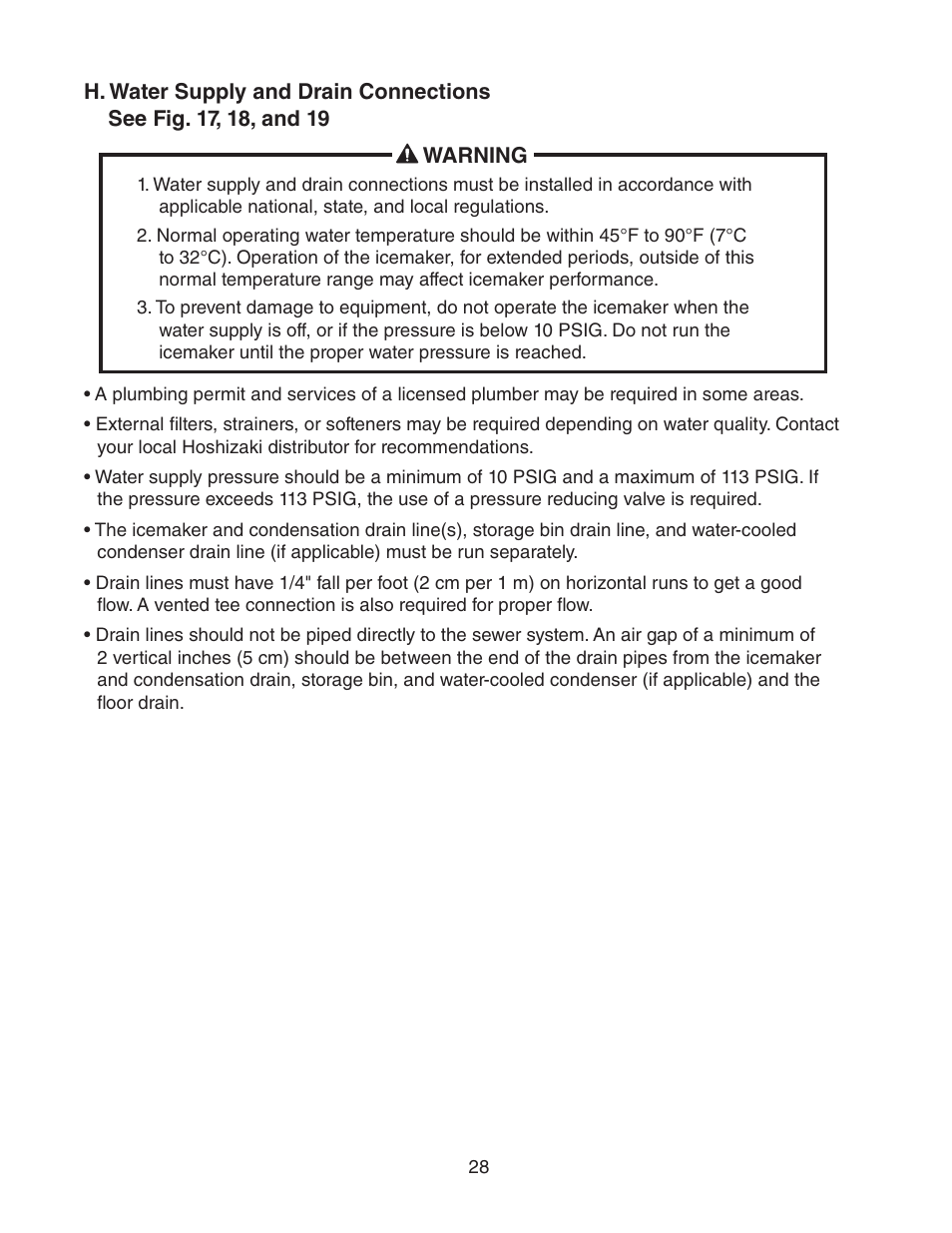 H. water supply and drain connections | Hoshizaki KM-1601SWH/3 User Manual | Page 28 / 39