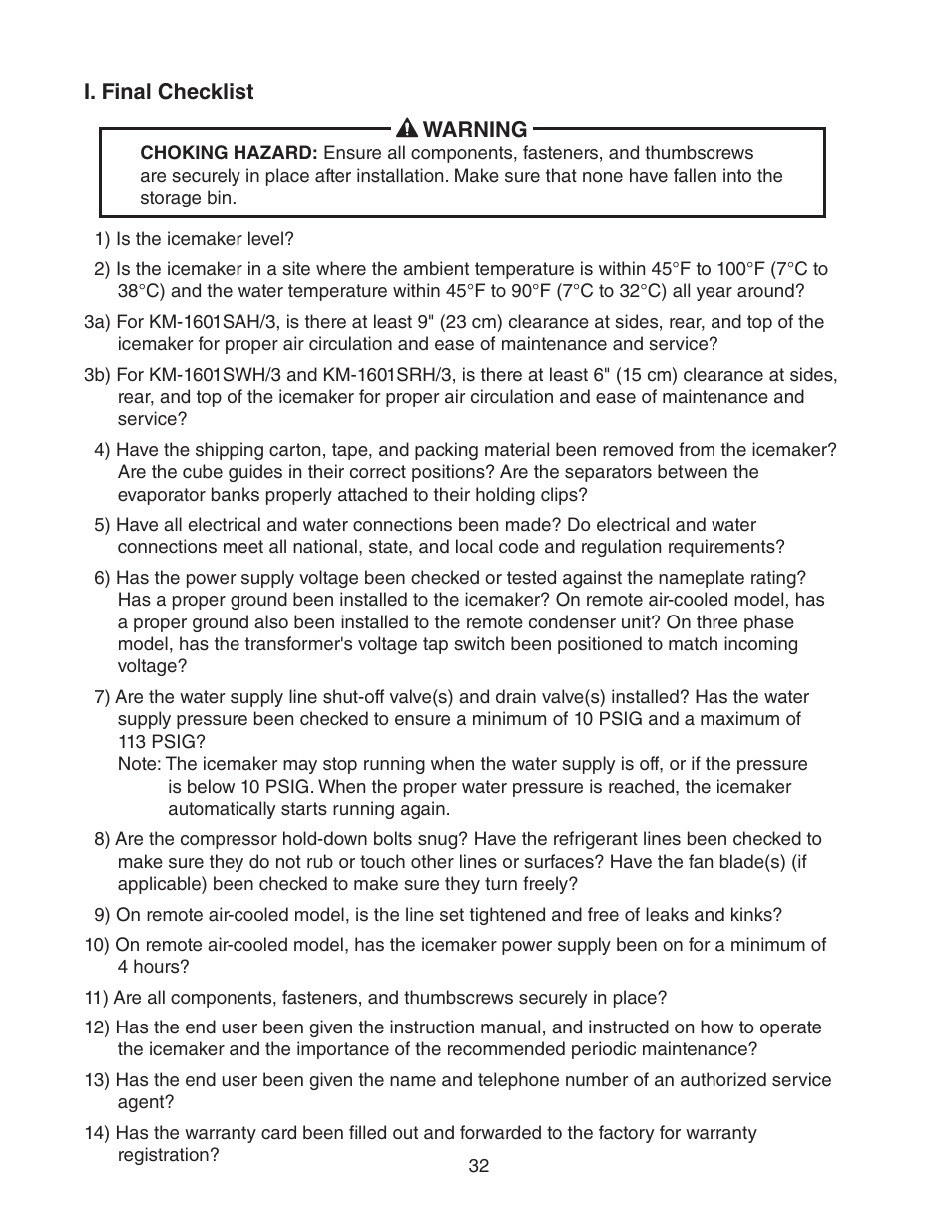 I. final checklist | Hoshizaki KM-1601SWH/3 User Manual | Page 32 / 39