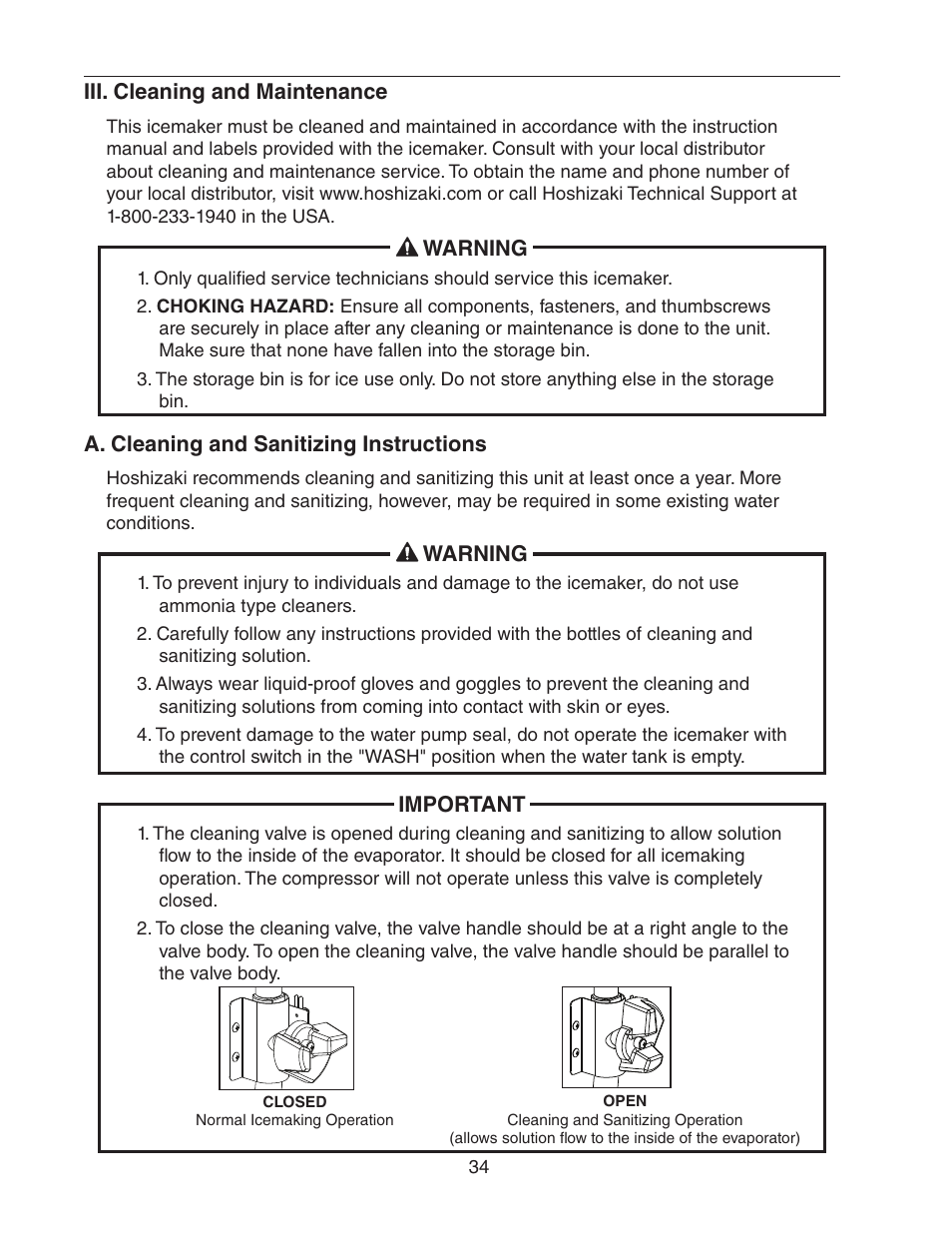 Iii. cleaning and maintenance, A. cleaning and sanitizing instructions | Hoshizaki KM-1601SWH/3 User Manual | Page 34 / 39