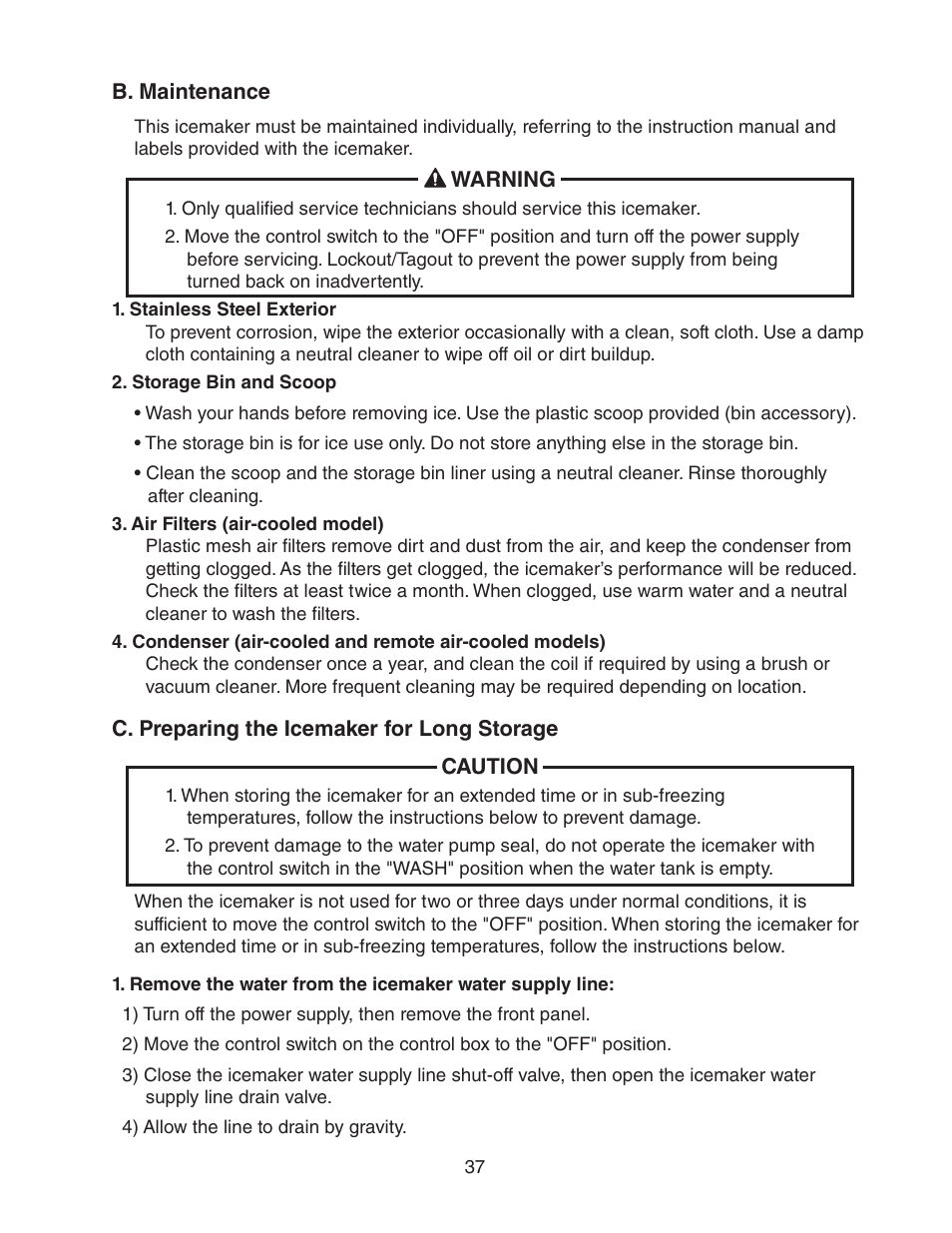 B. maintenance, C. preparing the icemaker for long storage | Hoshizaki KM-1601SWH/3 User Manual | Page 37 / 39