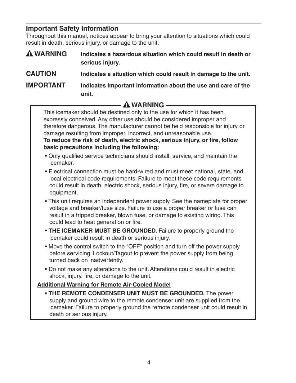 Important safety information | Hoshizaki KM-1601SWH/3 User Manual | Page 4 / 39