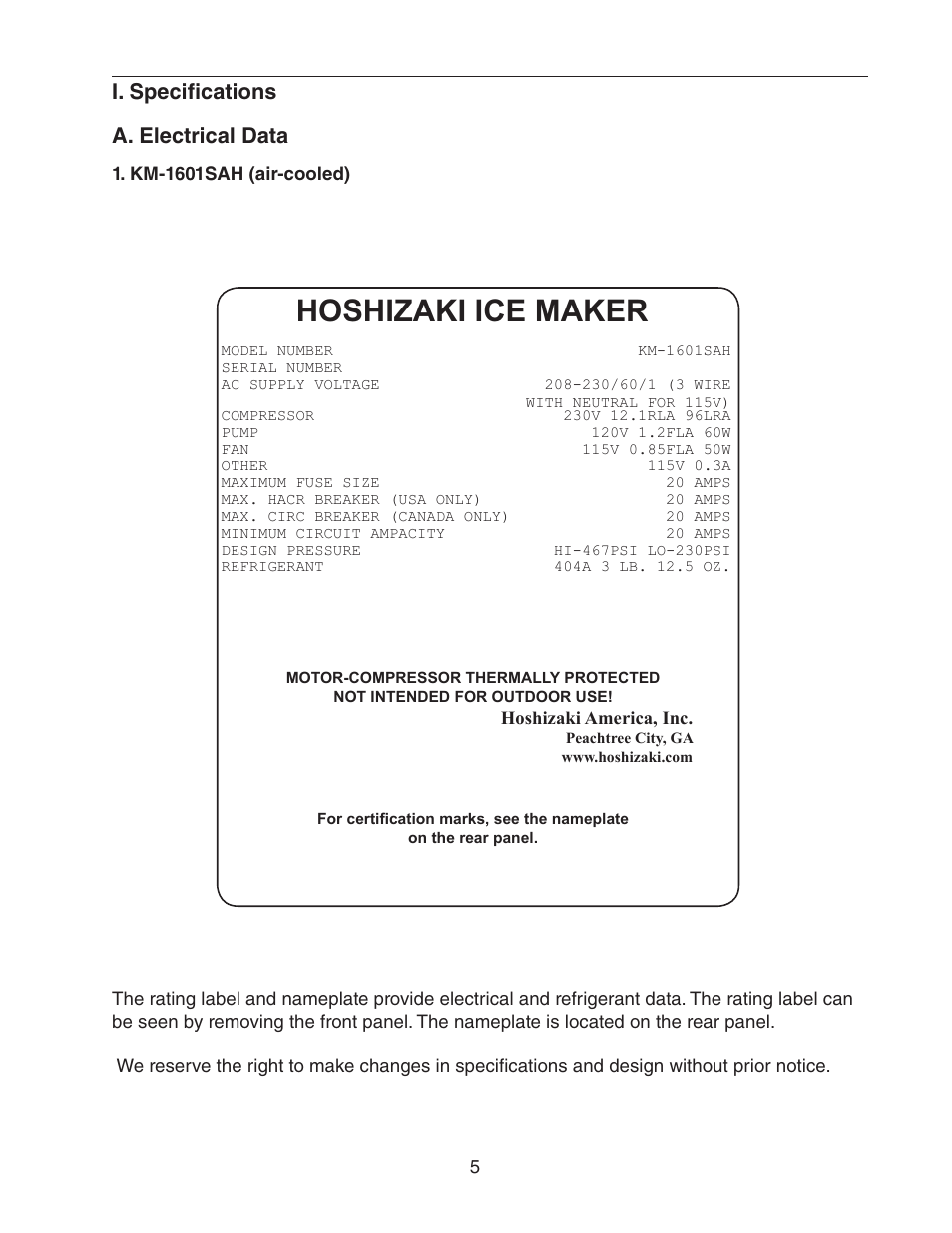 I. specifications, A. electrical data, Km-1601sah (air-cooled) | Hoshizaki ice maker, I. specifications a. electrical data | Hoshizaki KM-1601SWH/3 User Manual | Page 5 / 39