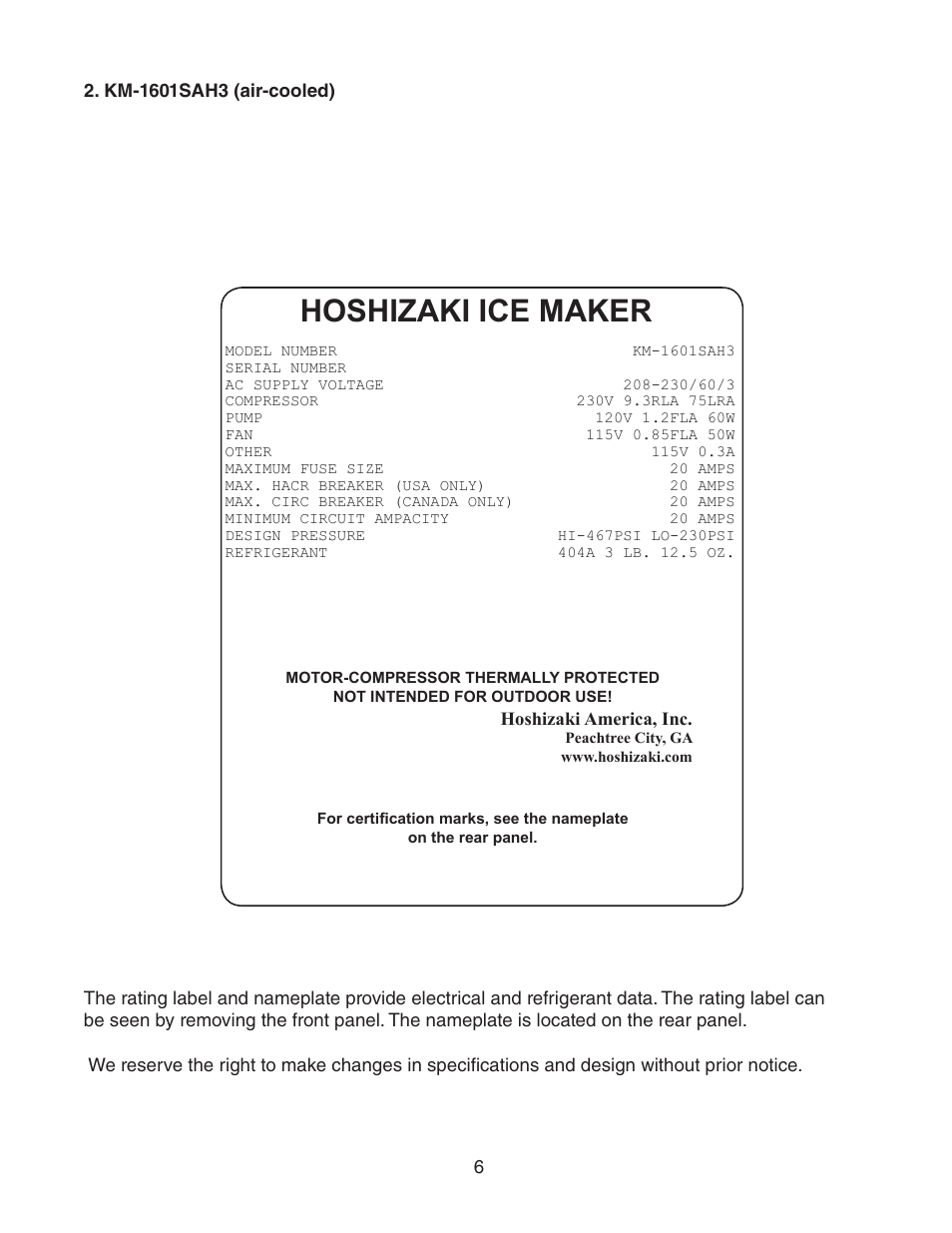 Km-1601sah3 (air-cooled), Hoshizaki ice maker | Hoshizaki KM-1601SWH/3 User Manual | Page 6 / 39