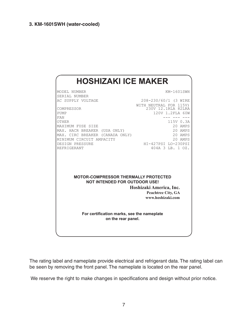 Km-1601swh (water-cooled), Hoshizaki ice maker | Hoshizaki KM-1601SWH/3 User Manual | Page 7 / 39