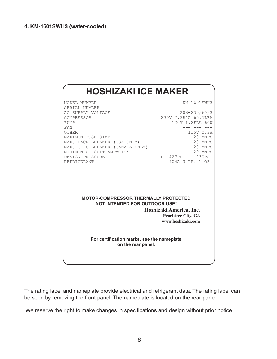 Km-1601swh3 (water-cooled), Hoshizaki ice maker | Hoshizaki KM-1601SWH/3 User Manual | Page 8 / 39