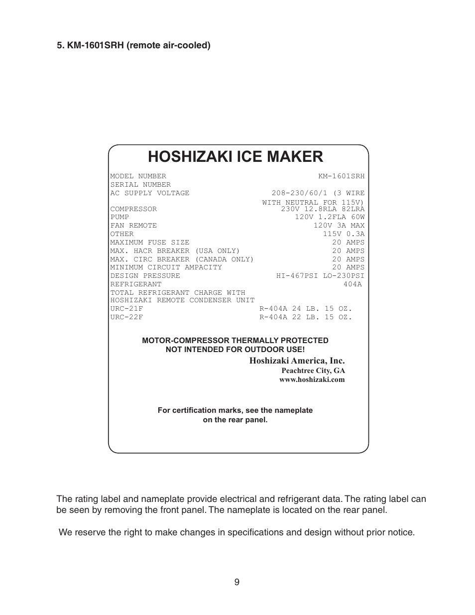 Km-1601srh (remote air-cooled), Hoshizaki ice maker | Hoshizaki KM-1601SWH/3 User Manual | Page 9 / 39