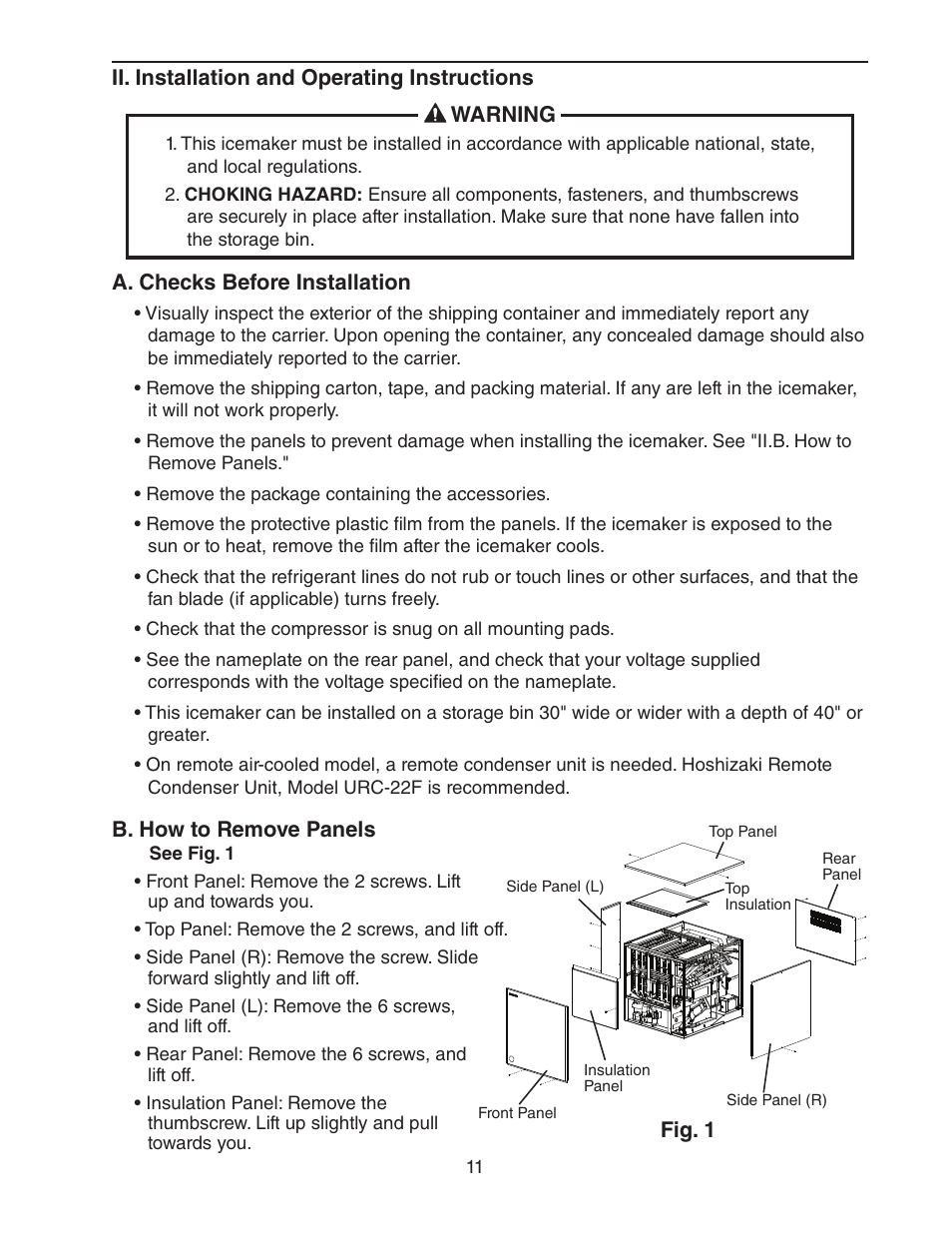 Ii. installation and operating instructions, A. checks before installation, B. how to remove panels | Hoshizaki KMH-2000SWH/3 User Manual | Page 11 / 35