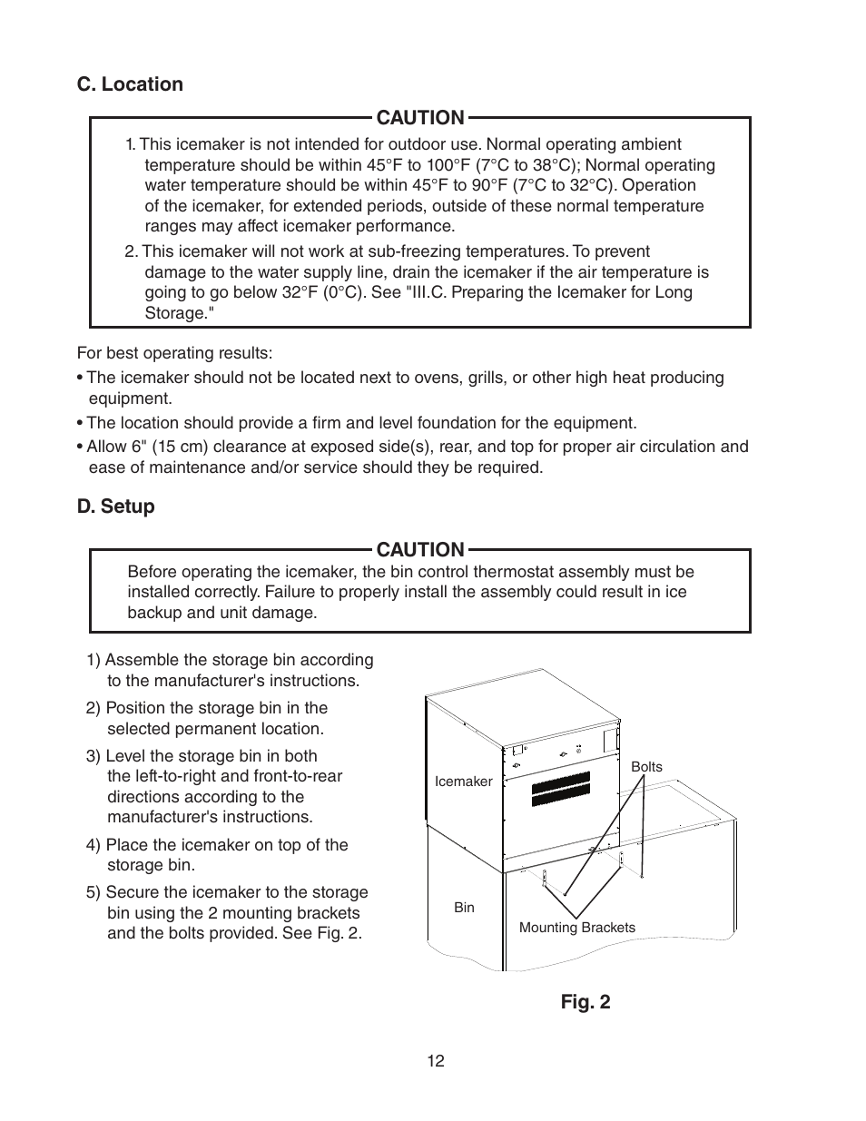 C. location, D. setup, C. location d. setup | Hoshizaki KMH-2000SWH/3 User Manual | Page 12 / 35