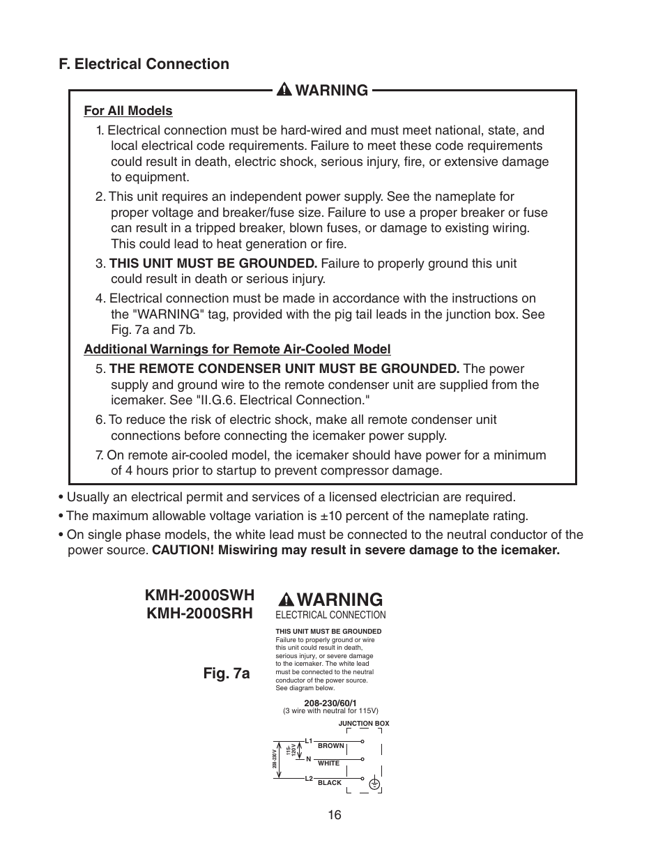 F. electrical connection, Warning, F. electrical connection warning | Hoshizaki KMH-2000SWH/3 User Manual | Page 16 / 35