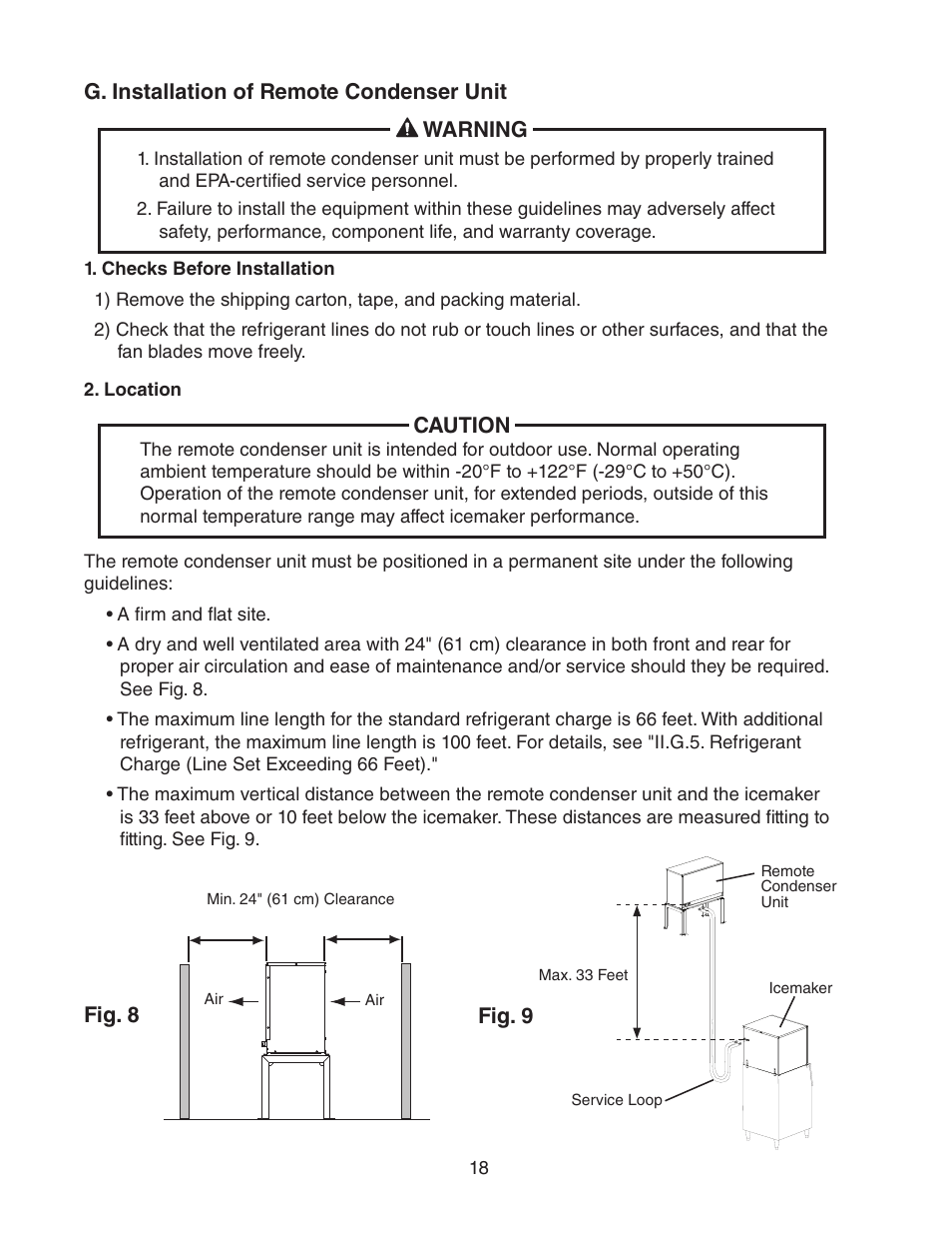 G. installation of remote condenser unit, Checks before installation, Location | Checks before installation 2. location | Hoshizaki KMH-2000SWH/3 User Manual | Page 18 / 35