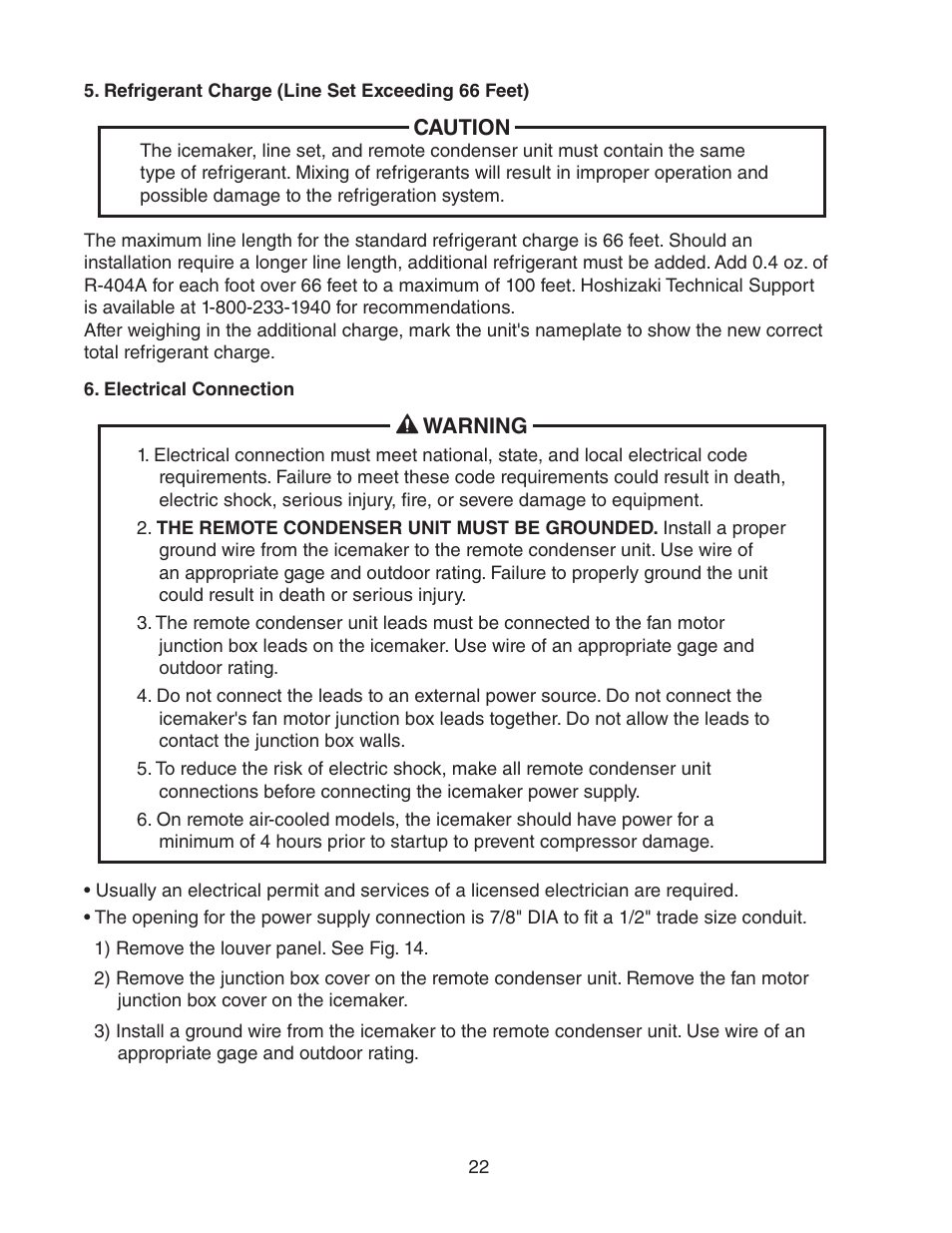 Refrigerant charge (line set exceeding 66 feet), Electrical connection | Hoshizaki KMH-2000SWH/3 User Manual | Page 22 / 35