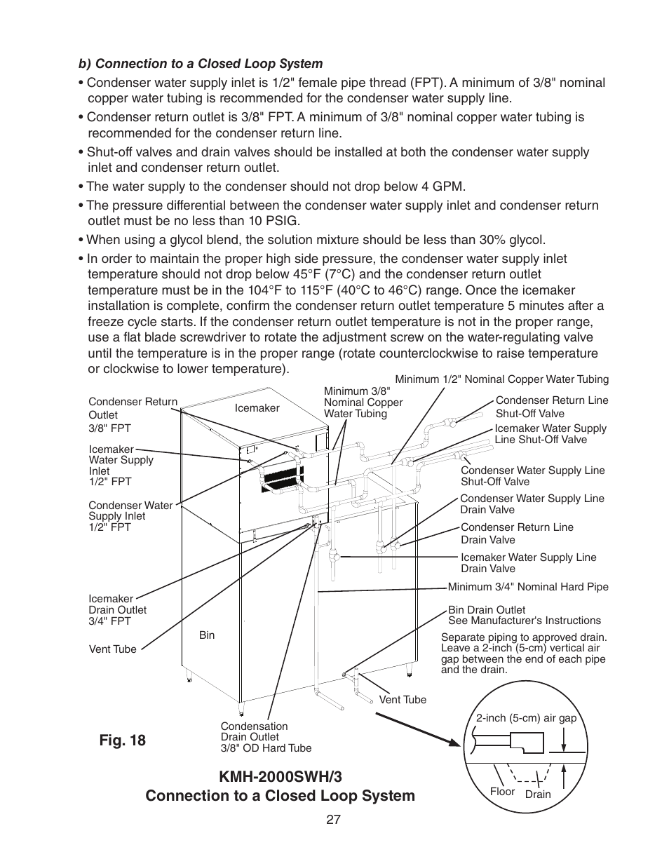 B) connection to a closed loop system | Hoshizaki KMH-2000SWH/3 User Manual | Page 27 / 35