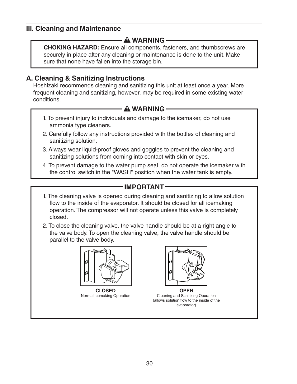 Iii. cleaning and maintenance, A. cleaning & sanitizing instructions, Iii. cleaning and maintenance warning | Warning, Important | Hoshizaki KMH-2000SWH/3 User Manual | Page 30 / 35