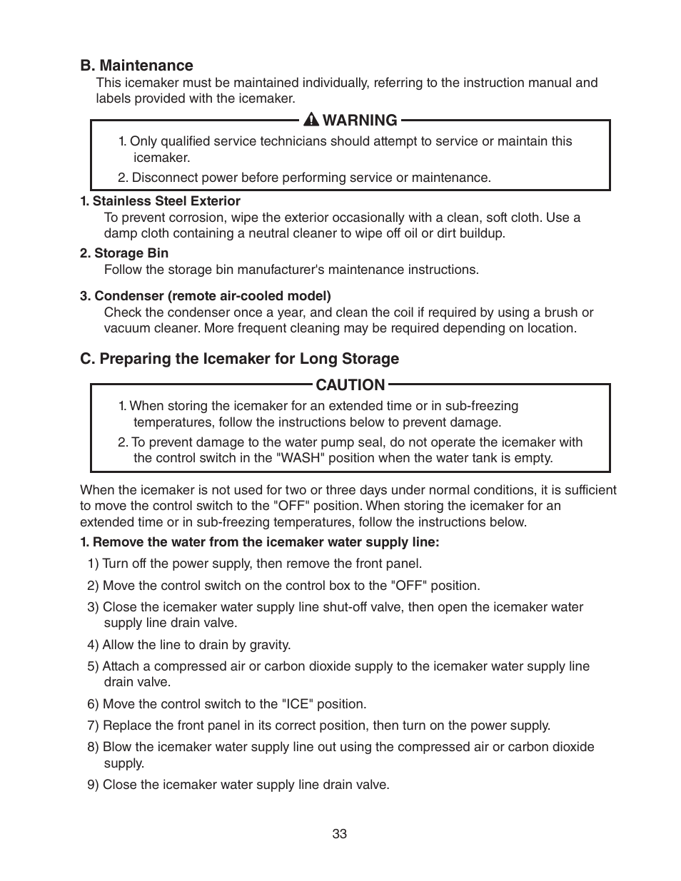 B. maintenance, C. preparing the icemaker for long storage | Hoshizaki KMH-2000SWH/3 User Manual | Page 33 / 35