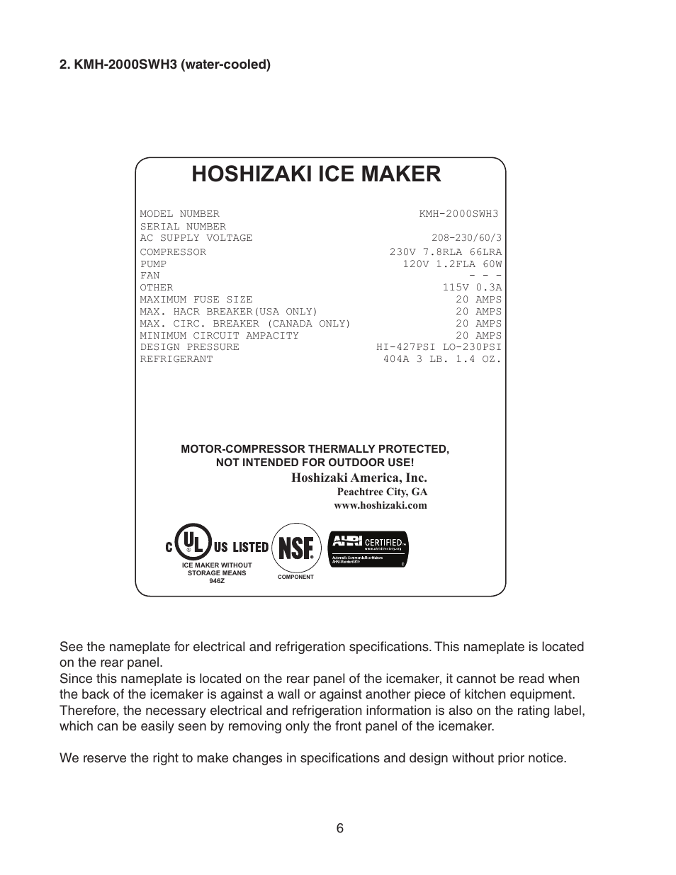 Kmh-2000swh3 (water-cooled), Hoshizaki ice maker | Hoshizaki KMH-2000SWH/3 User Manual | Page 6 / 35