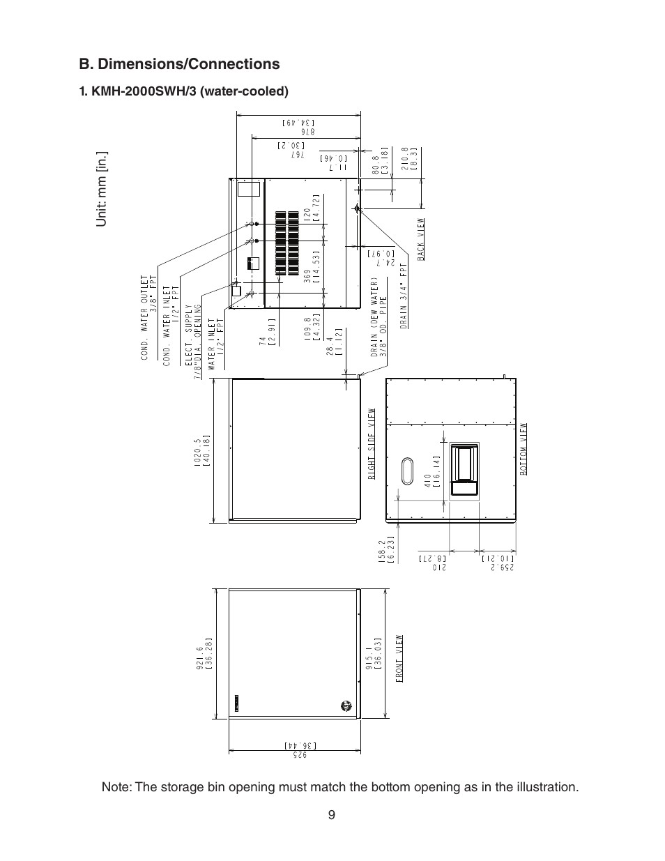 B. dimensions/connections | Hoshizaki KMH-2000SWH/3 User Manual | Page 9 / 35
